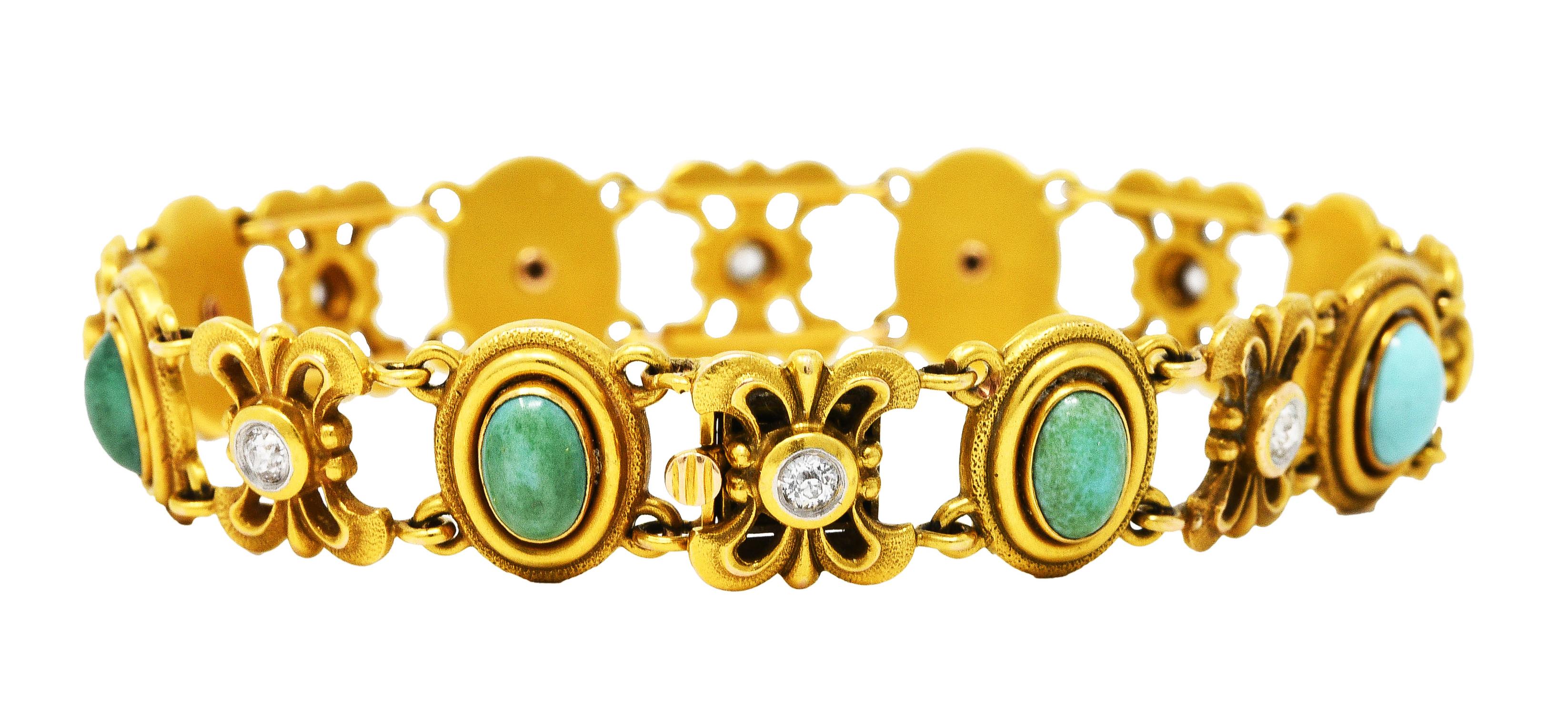 Women's or Men's Bippart & Co. Art Nouveau Diamond Turquoise 14 Karat Gold Link Bracelet