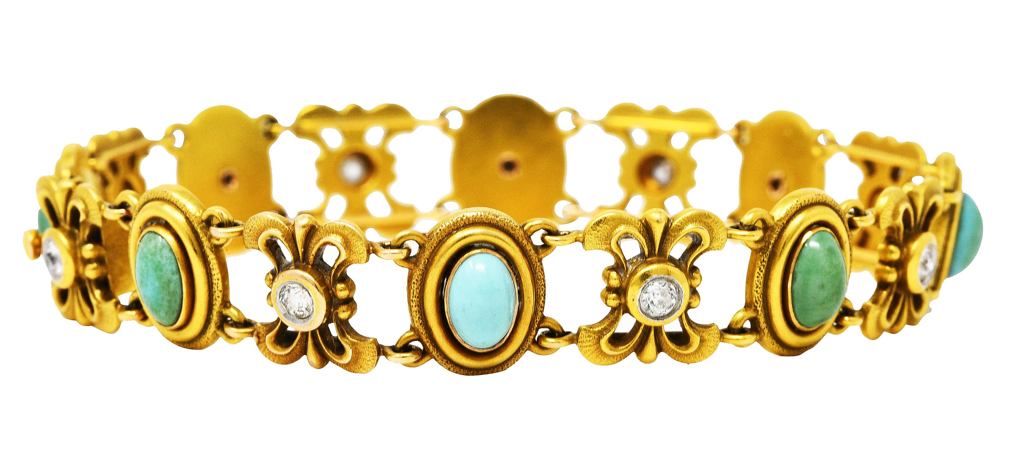 Bippart & Co. Art Nouveau Diamond Turquoise 14 Karat Gold Link Bracelet 1