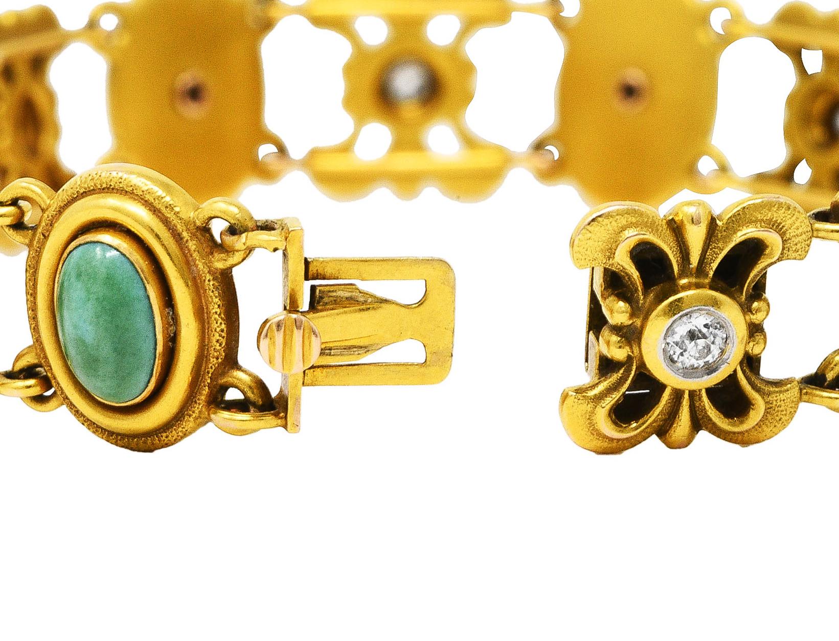 Bippart & Co. Art Nouveau Diamond Turquoise 14 Karat Gold Link Bracelet 2