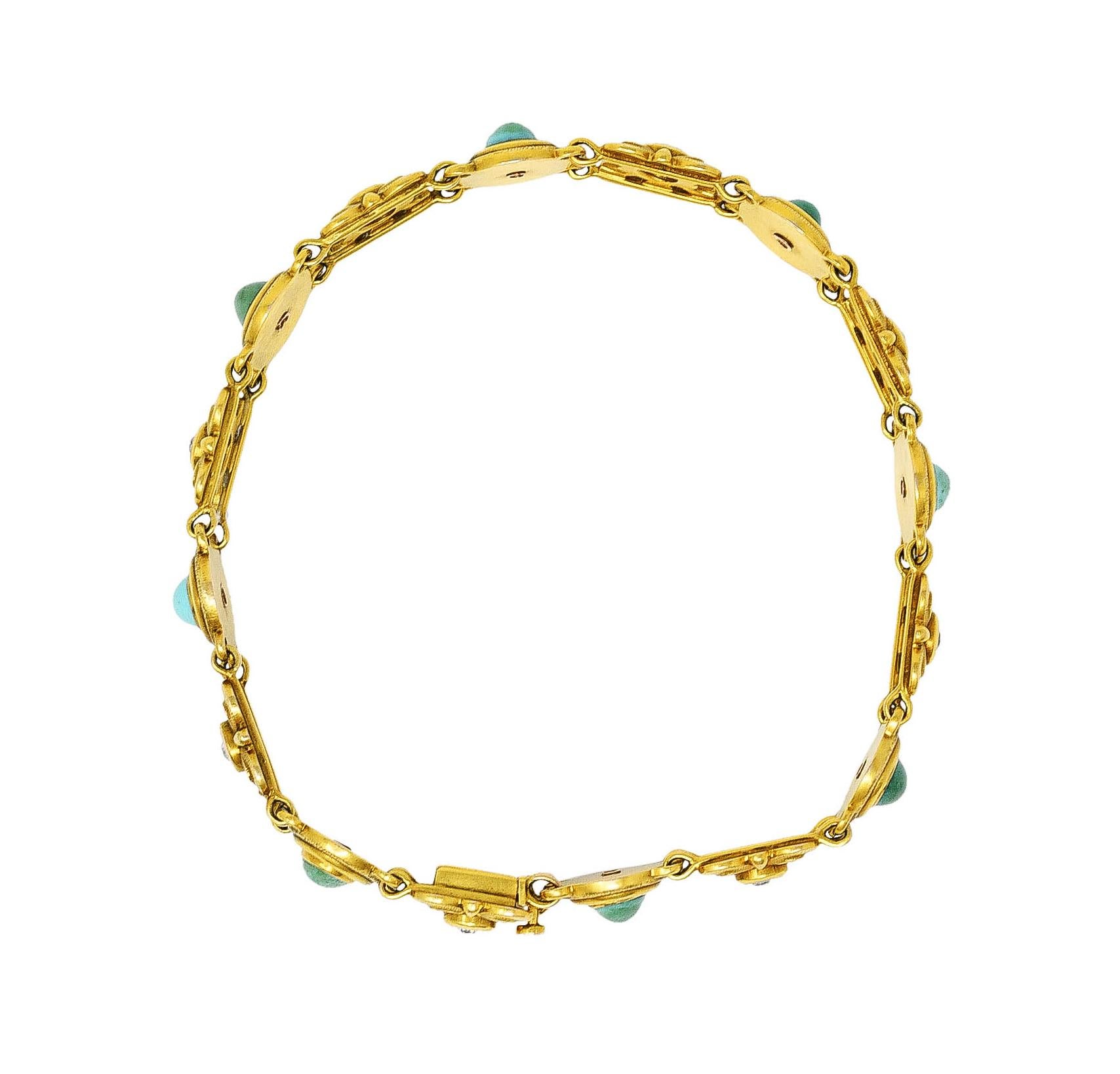 Bippart & Co. Art Nouveau Diamond Turquoise 14 Karat Gold Link Bracelet 4