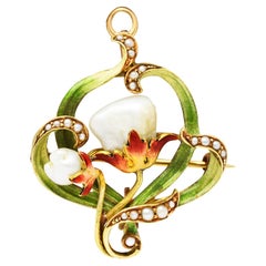 Bippart & Co. Art Nouveau Pearl Enamel 14 Karat Gold Floral Pendant Brooch