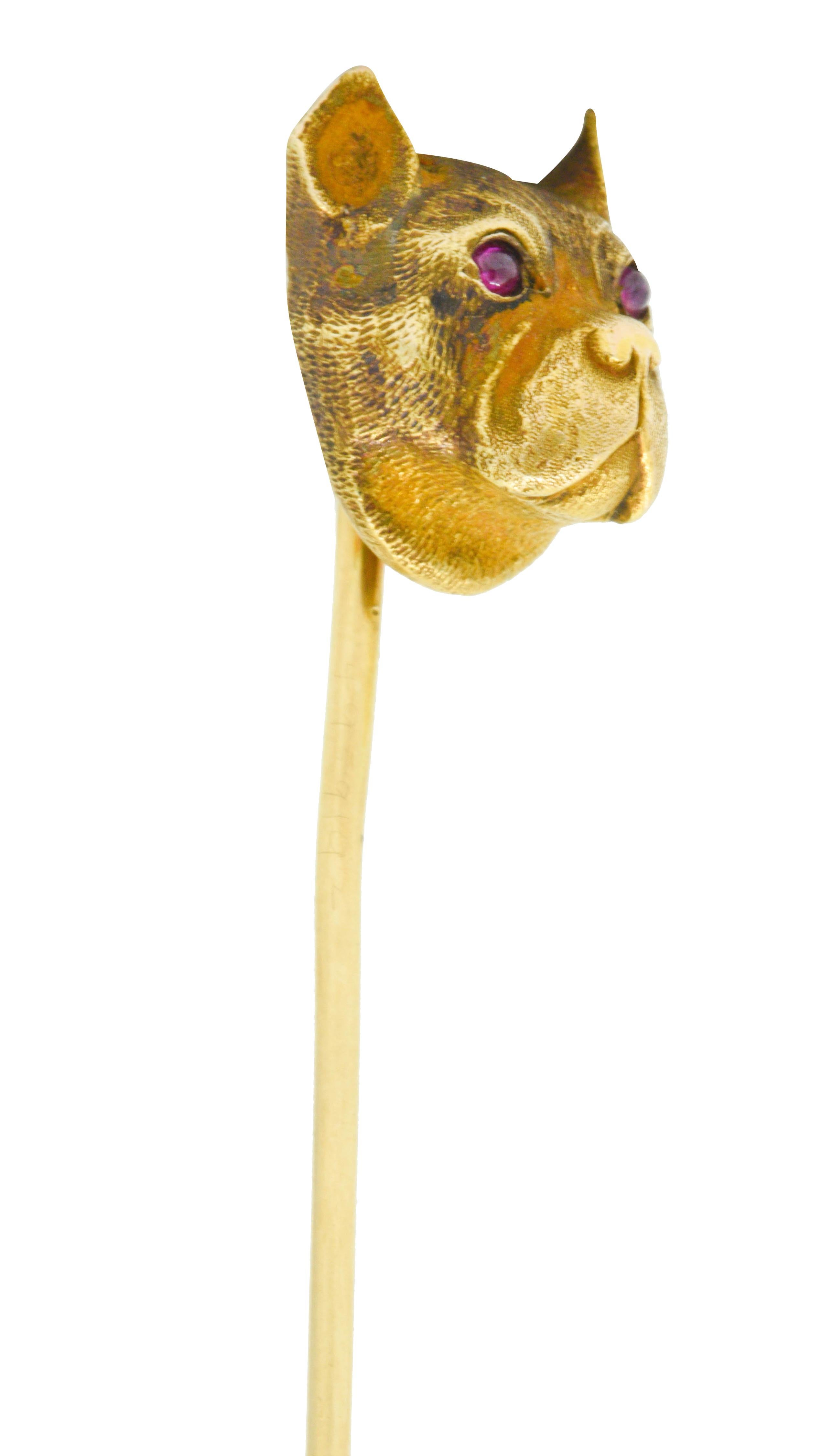 Cabochon Bippart & Co. Art Nouveau Ruby 14 Karat Gold French Bulldog Stickpin