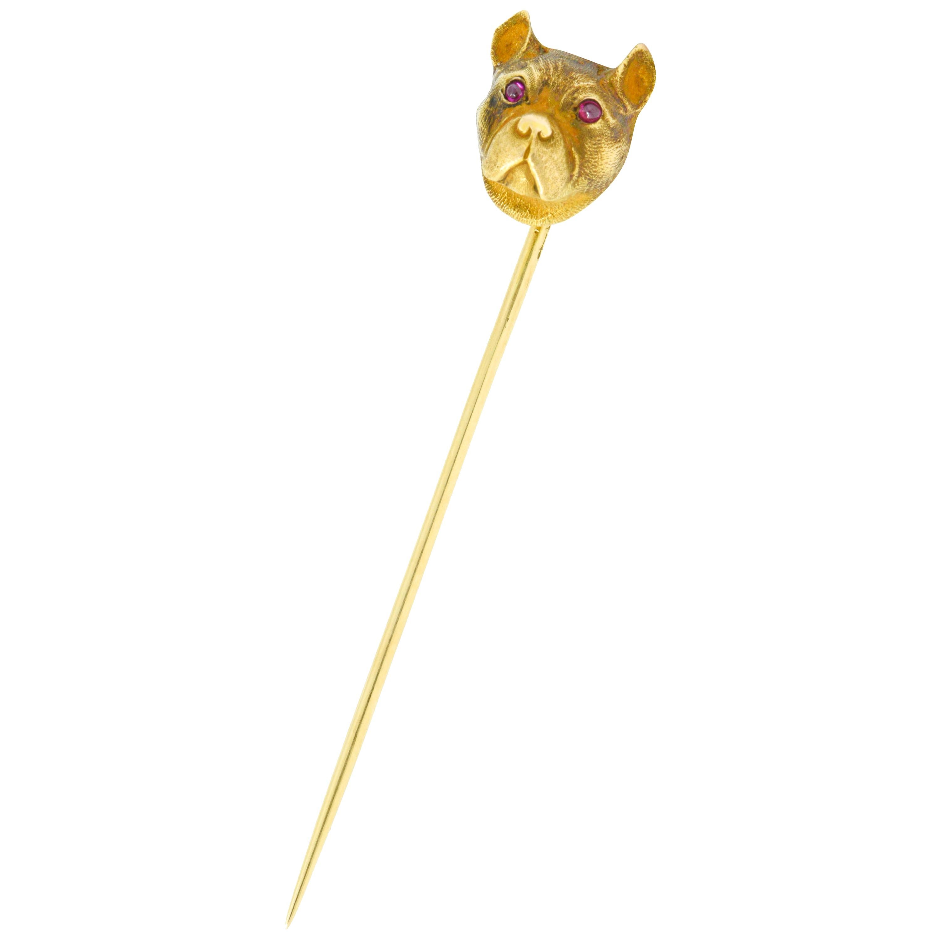 Bippart & Co. Art Nouveau Ruby 14 Karat Gold French Bulldog Stickpin