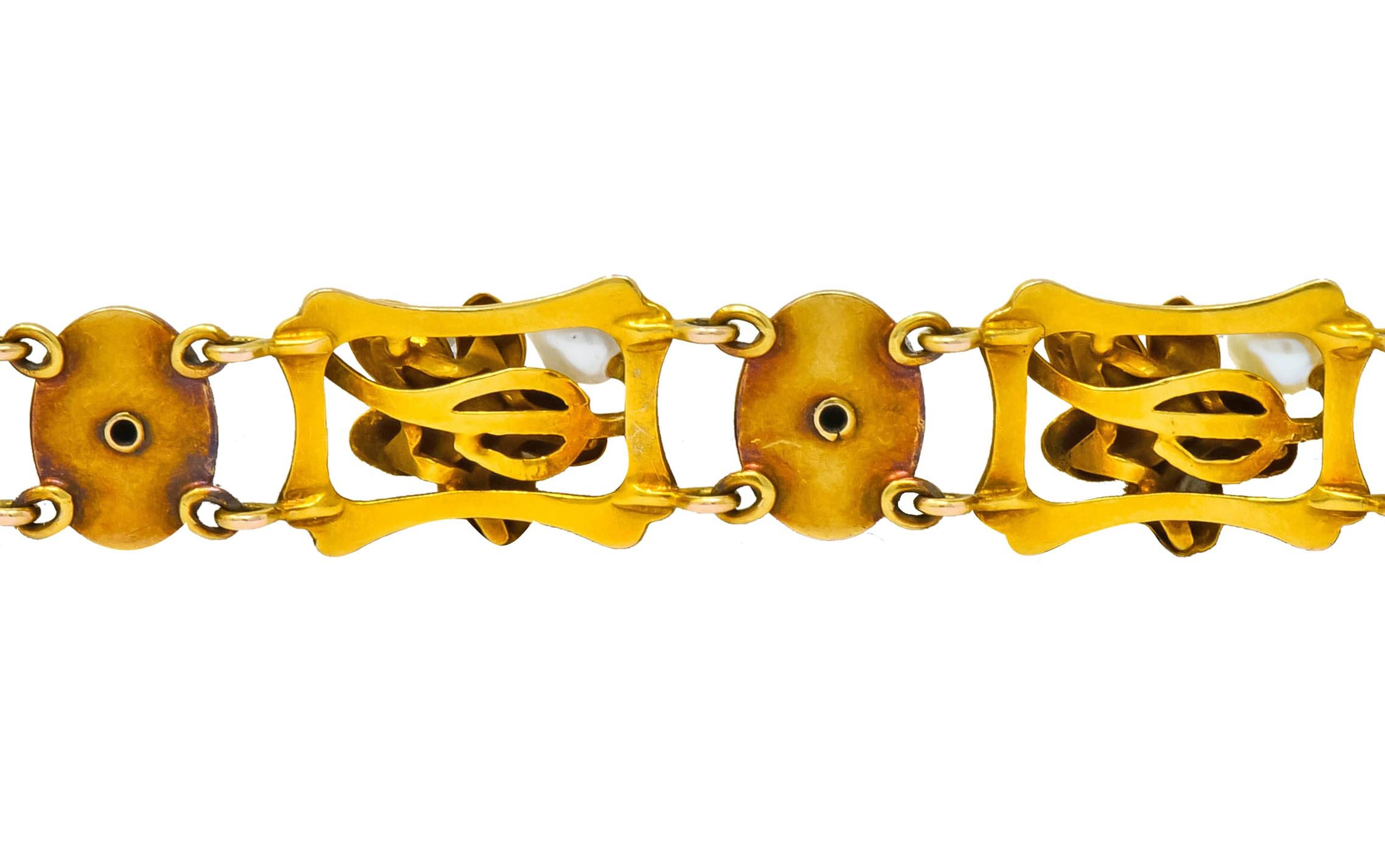 Bippart & Co. Art Nouveau Tourmaline Pearl 14 Karat Gold Floral Link Bracelet 5