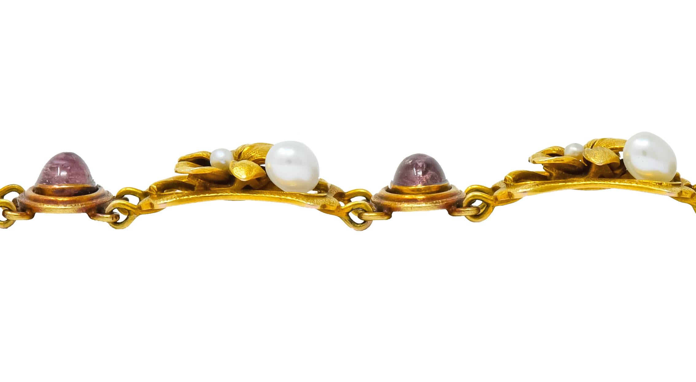 Bippart & Co. Art Nouveau Tourmaline Pearl 14 Karat Gold Floral Link Bracelet 6