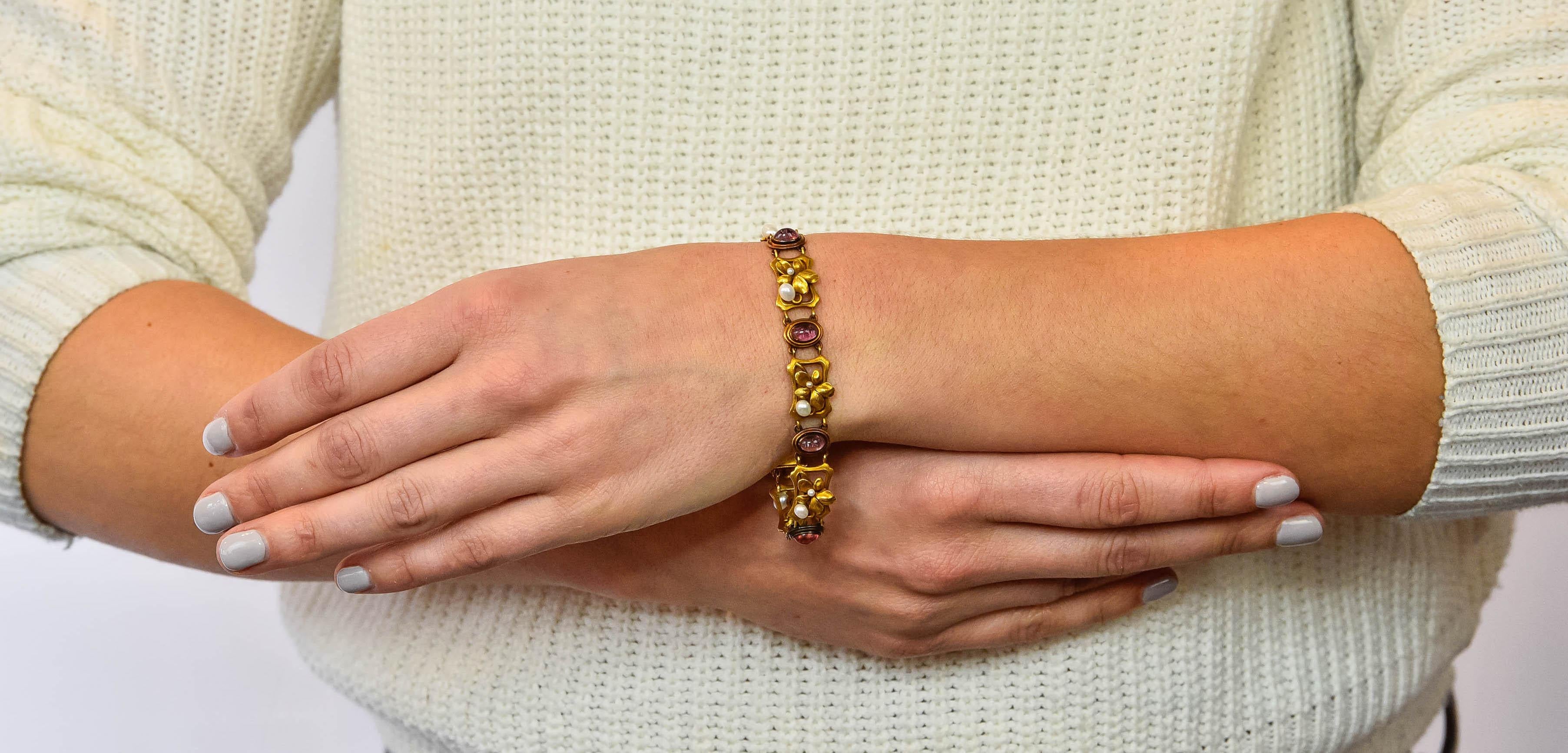Bippart & Co. Art Nouveau Tourmaline Pearl 14 Karat Gold Floral Link Bracelet 8