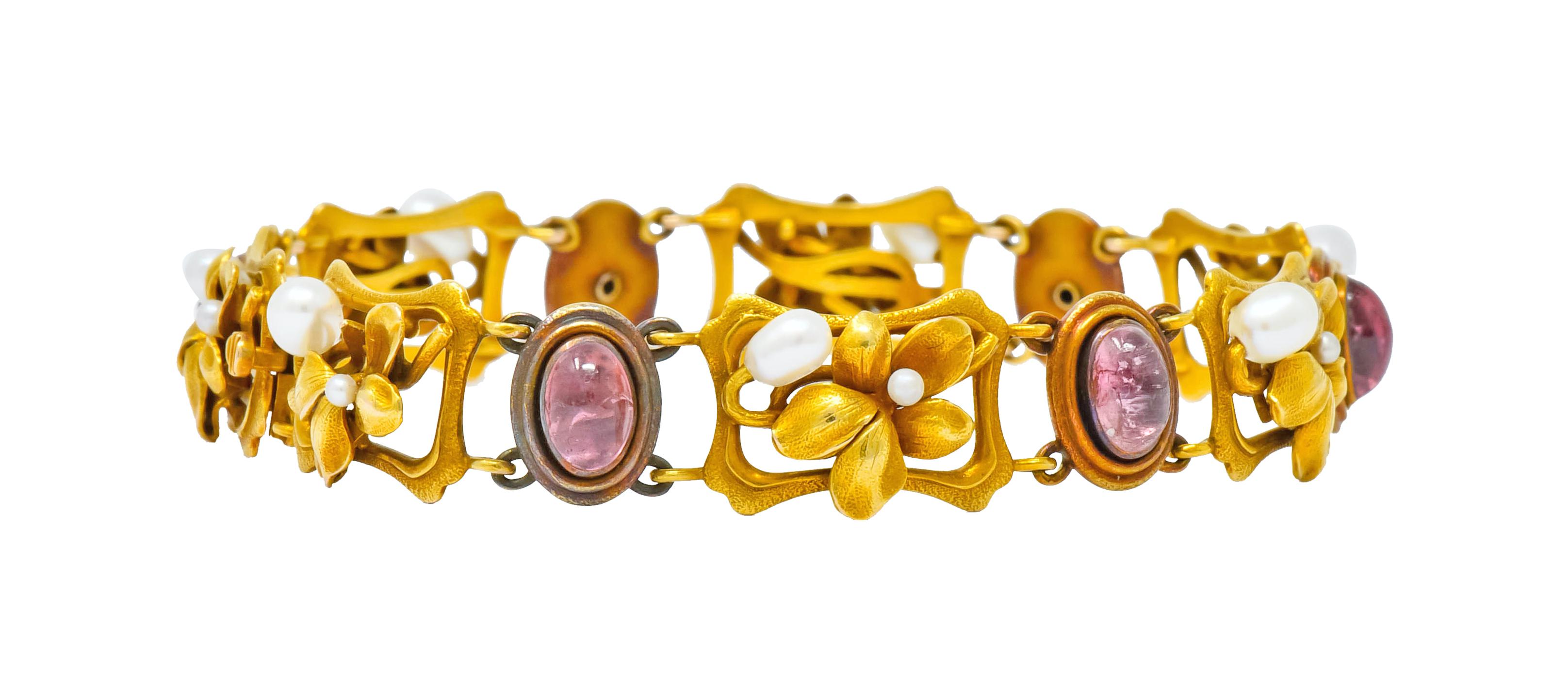 Oval Cut Bippart & Co. Art Nouveau Tourmaline Pearl 14 Karat Gold Floral Link Bracelet