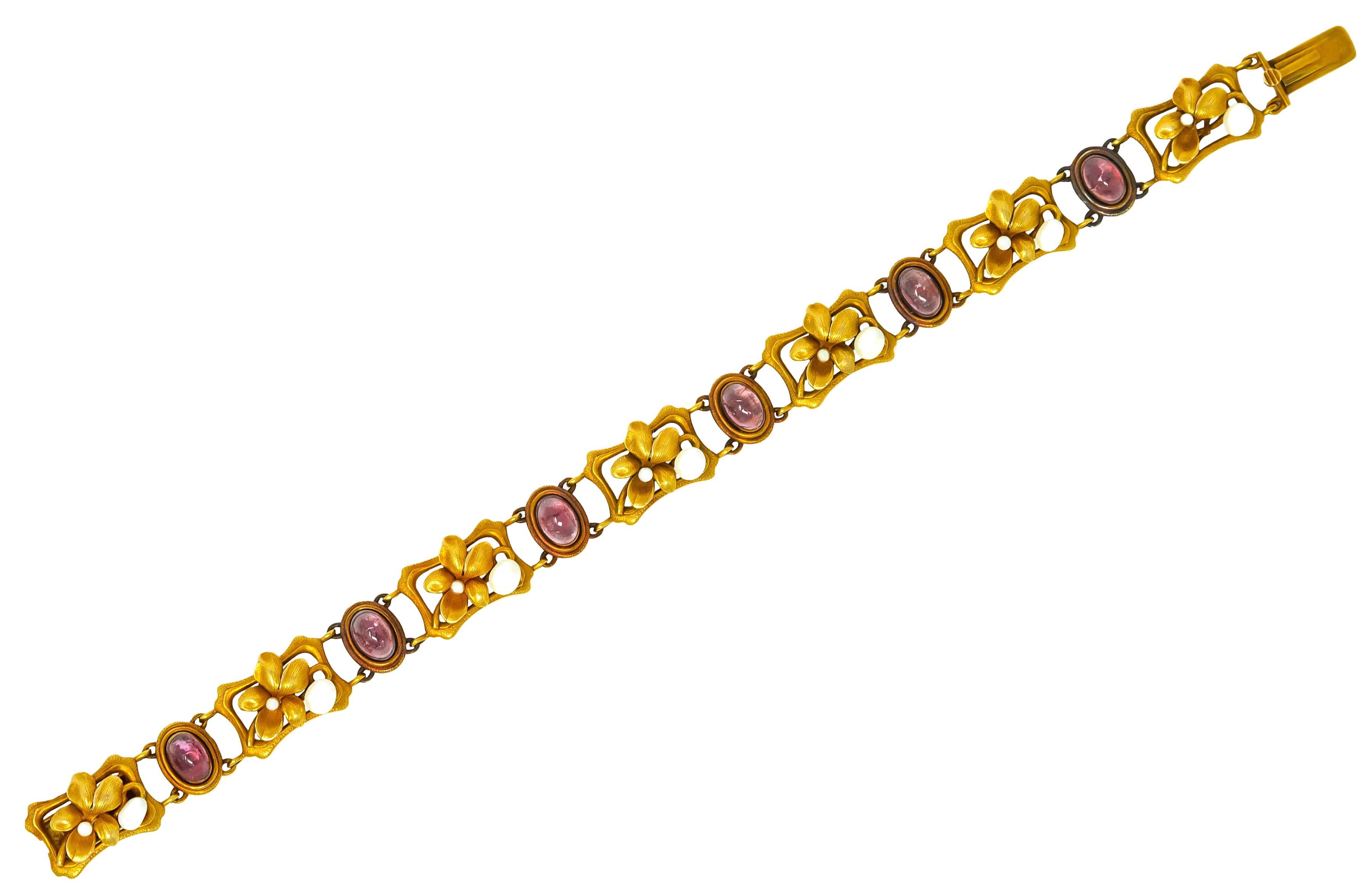 Bippart & Co. Art Nouveau Tourmaline Pearl 14 Karat Gold Floral Link Bracelet In Excellent Condition In Philadelphia, PA