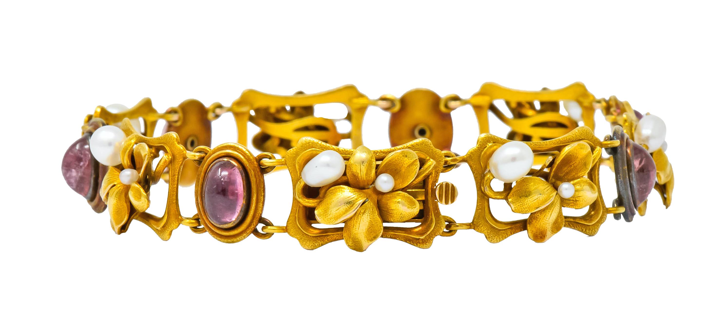 Women's or Men's Bippart & Co. Art Nouveau Tourmaline Pearl 14 Karat Gold Floral Link Bracelet