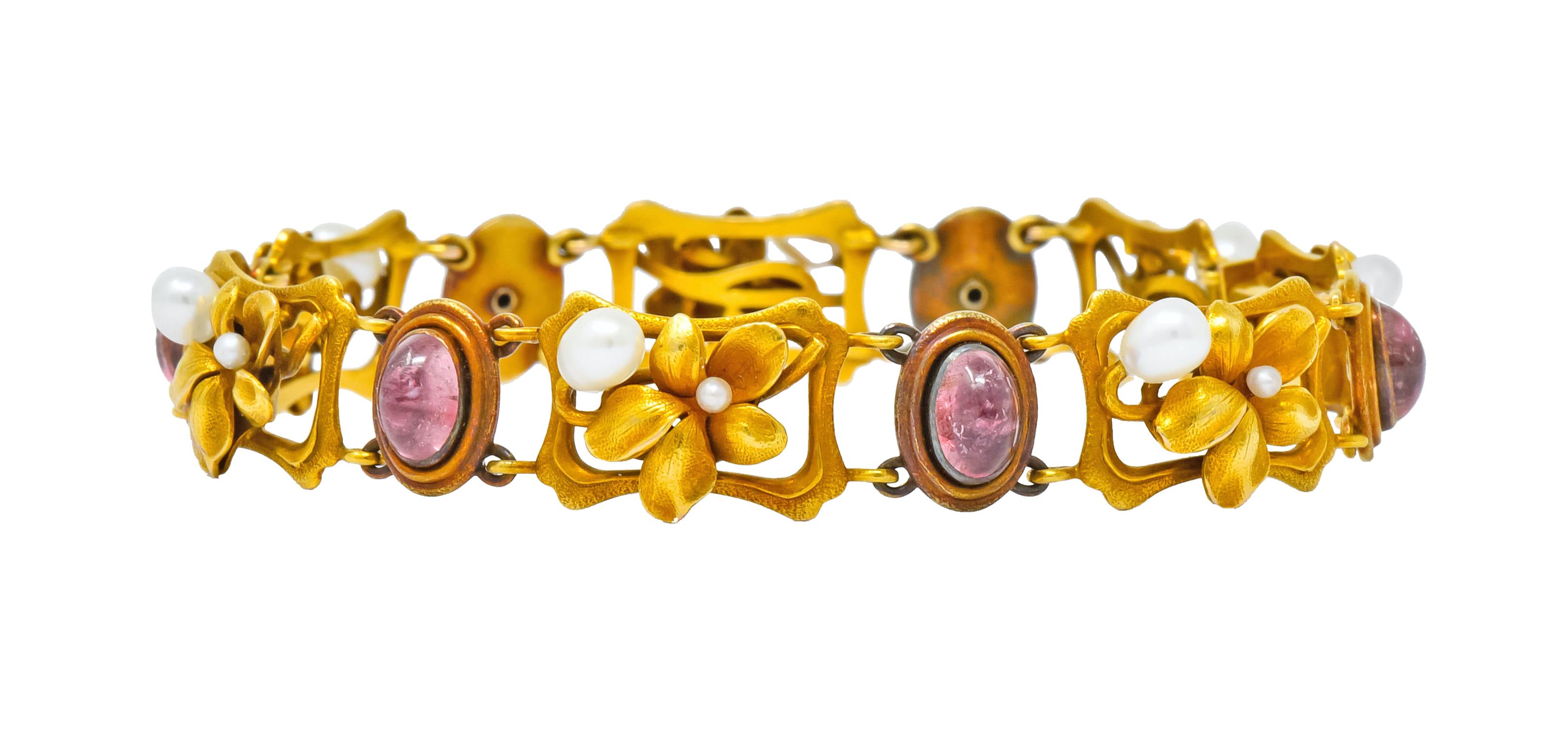 Bippart & Co. Art Nouveau Tourmaline Pearl 14 Karat Gold Floral Link Bracelet 1