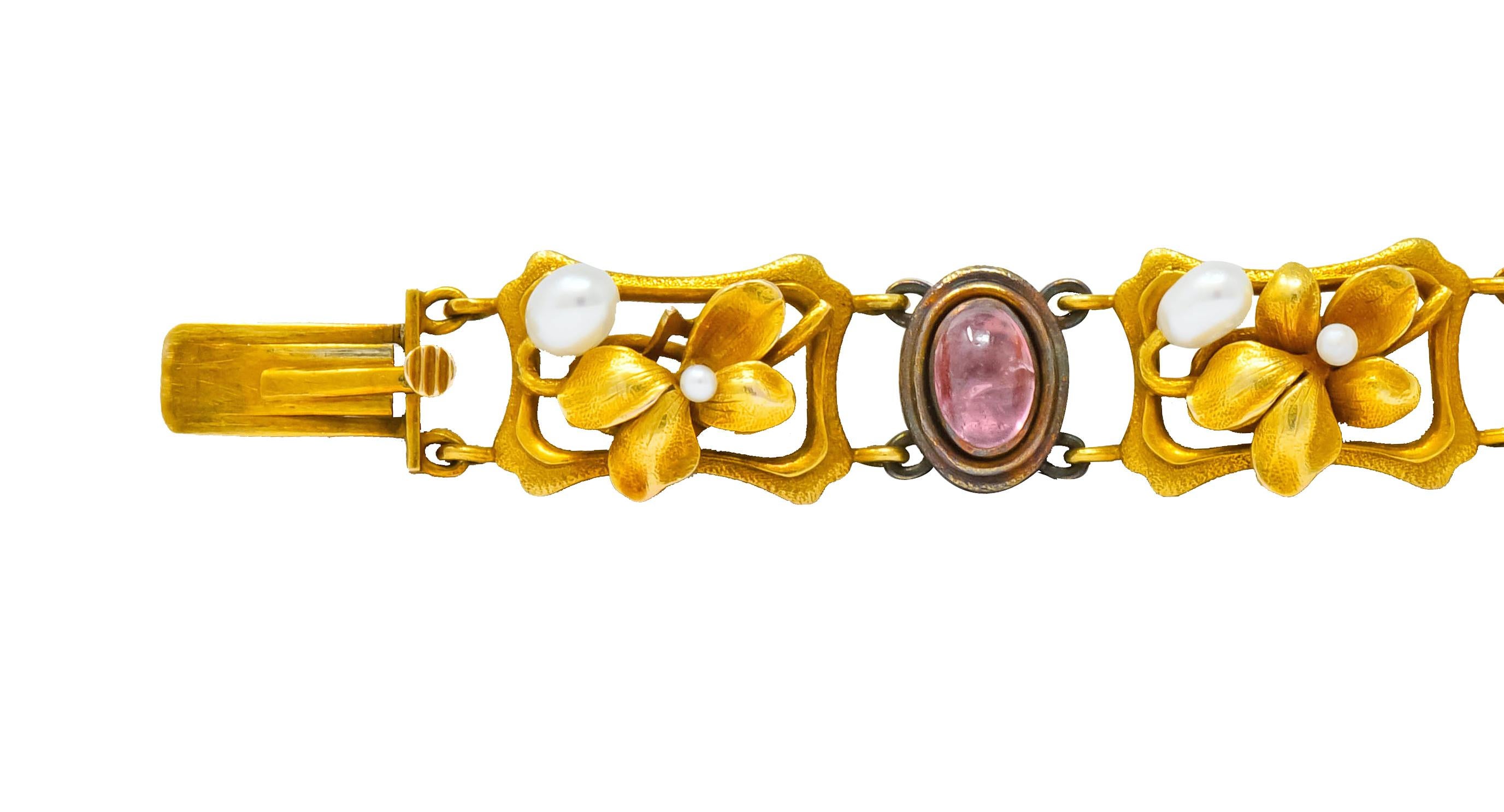 Bippart & Co. Art Nouveau Tourmaline Pearl 14 Karat Gold Floral Link Bracelet 2