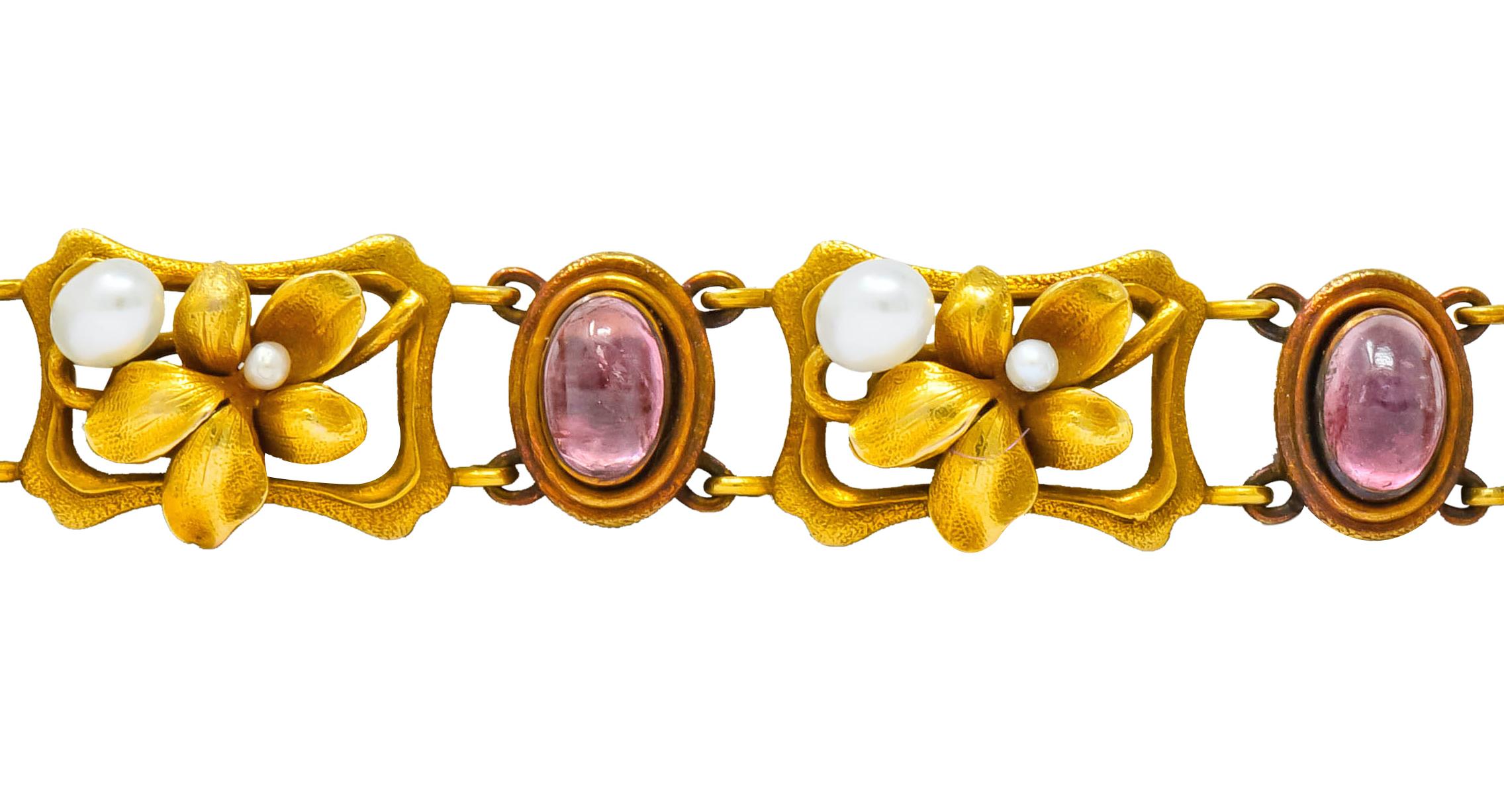 Bippart & Co. Art Nouveau Tourmaline Pearl 14 Karat Gold Floral Link Bracelet 3