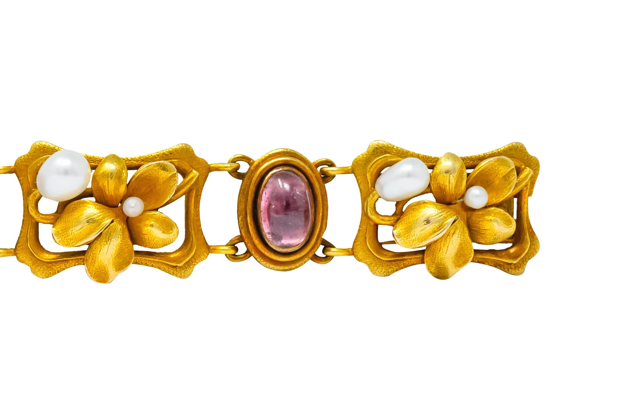 Bippart & Co. Art Nouveau Tourmaline Pearl 14 Karat Gold Floral Link Bracelet 4