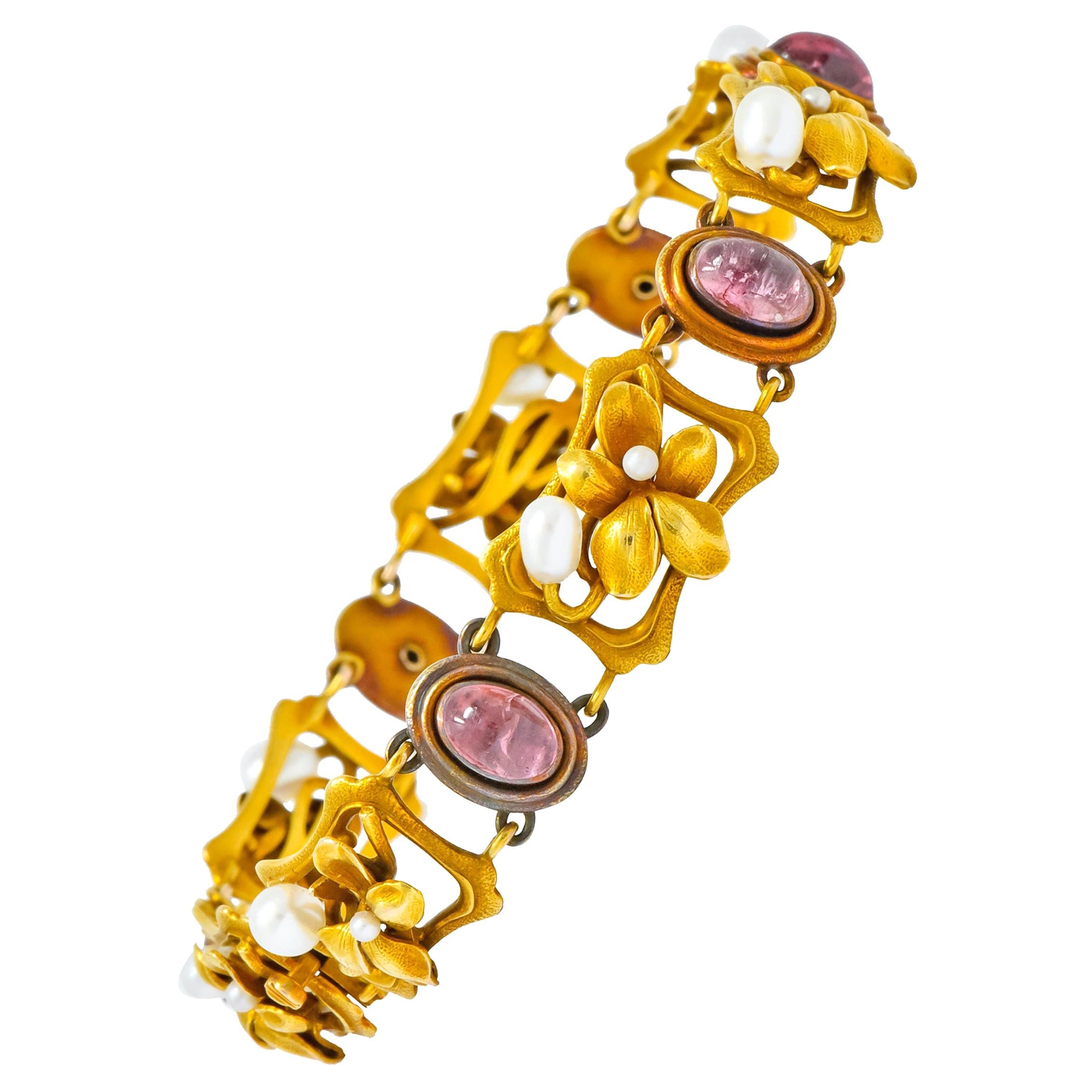 Bippart & Co. Art Nouveau Tourmaline Pearl 14 Karat Gold Floral Link Bracelet