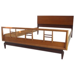 Antique Birch and Walnut Mid-Century Modern Full Size Bed Frame