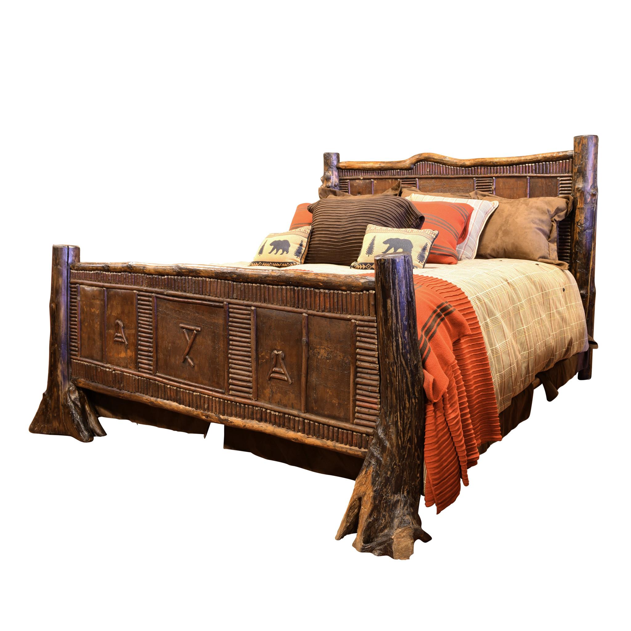 Cisco's Adirondack root-style, natural lodge poles, brown birchbark with twig accent, antler handles, and pine cones. Comes with bedding. Measures: Bed 76