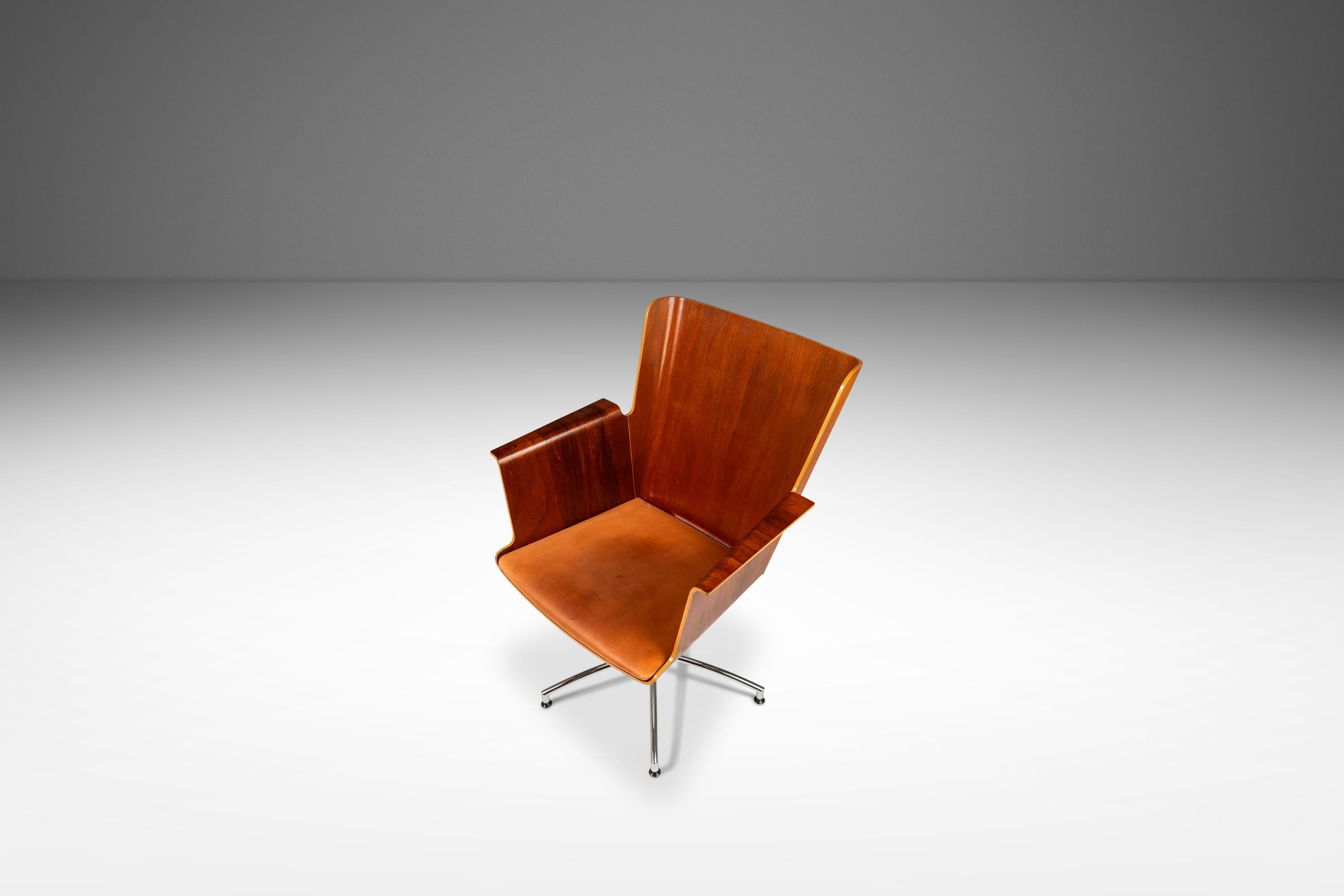Birch Office Chair with Patinaed Cognac Leather, Ake Axelsson, Sweden, 2000s In Good Condition For Sale In Deland, FL