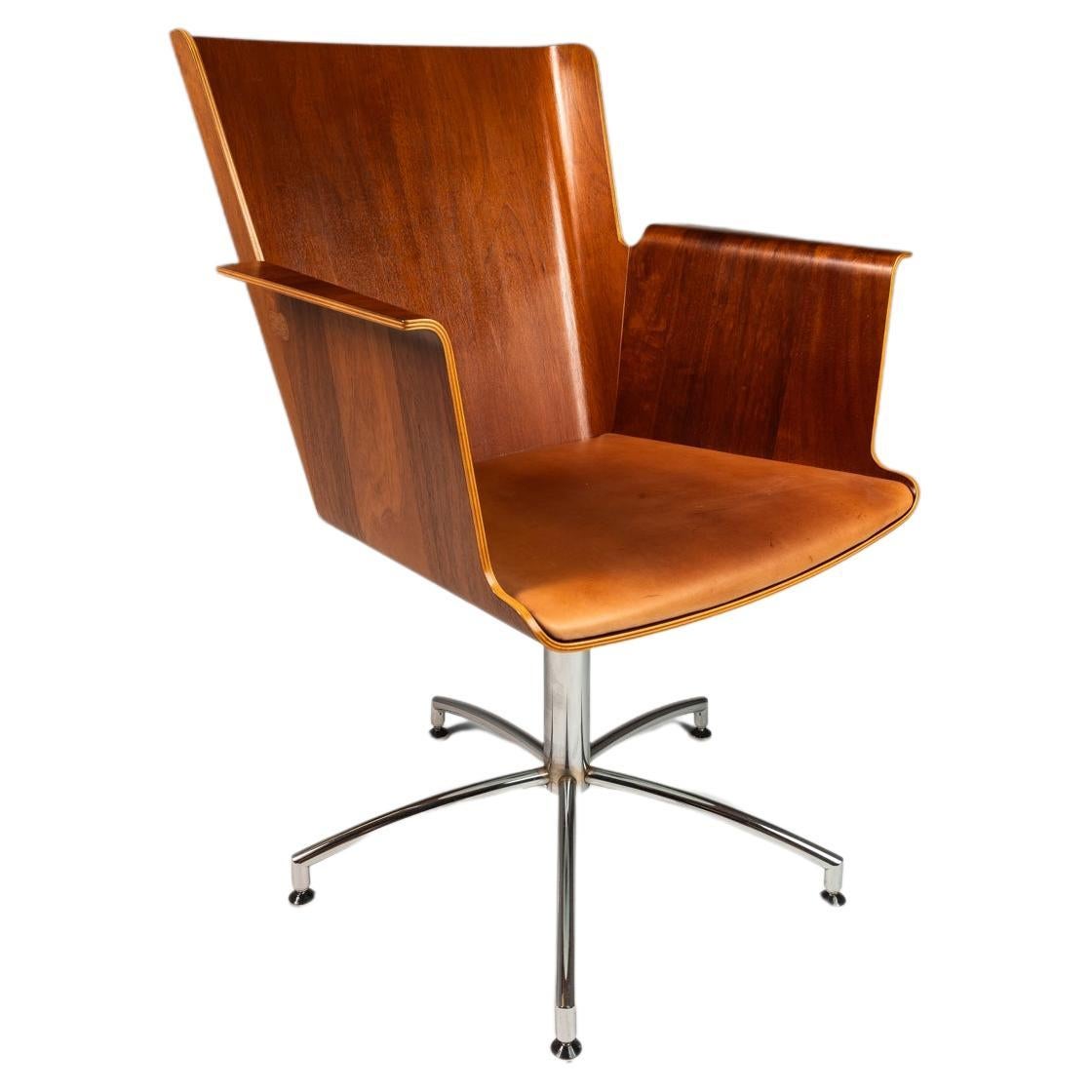 Birch Office Chair with Patinaed Cognac Leather, Ake Axelsson, Sweden, 2000s For Sale