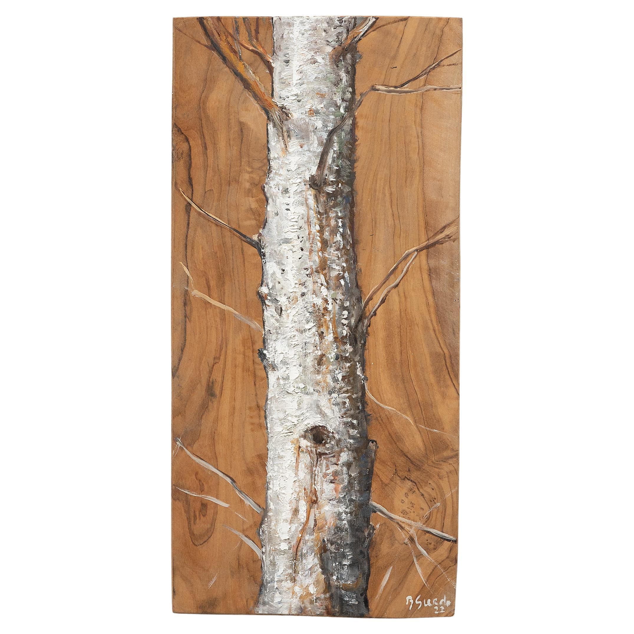 "Birch, " Oil on Olive Board, 2022 For Sale
