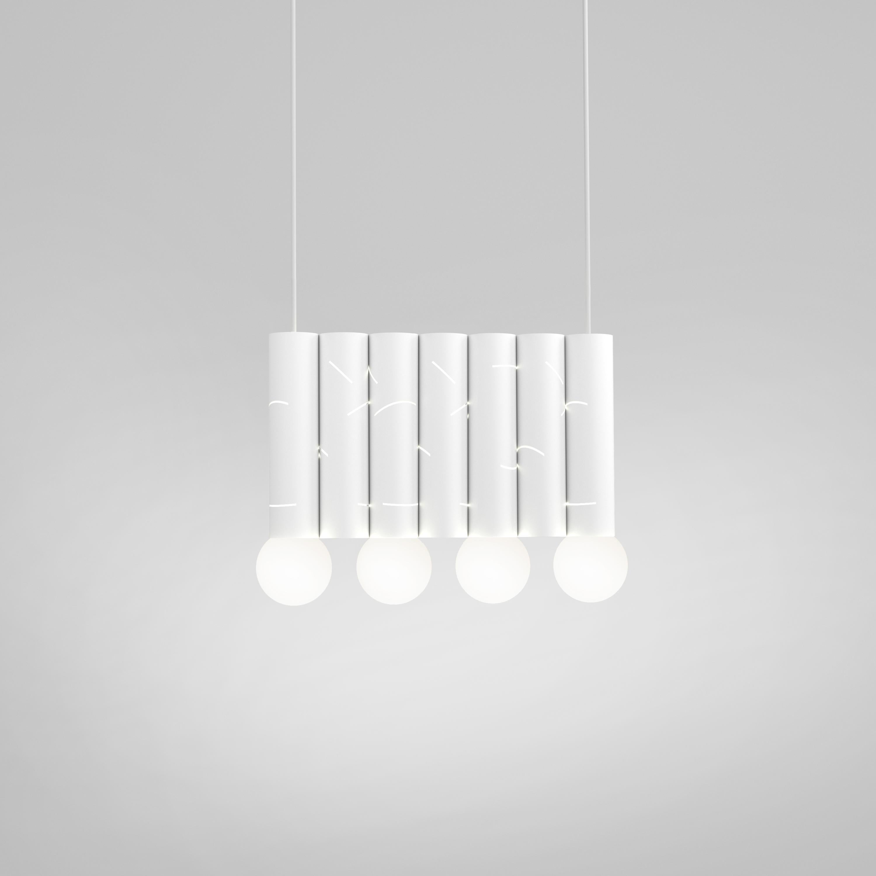 Birch Pendant Light, 7 Elements, by Atelier Areti
Dimensions: D 9 x W 35 x H 32.5 cm.
Materials: White powder-coated metal, white glass.

Available in black, white, or color.
Available in 1, 3, 5, or 7 elements. Please contact us.

All our lamps can