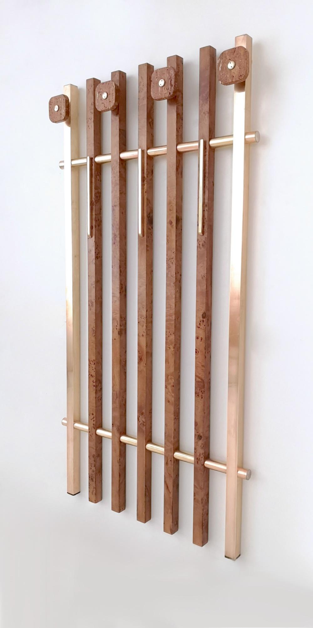 Italian Birch Root and Brass Coat Rack with Red Travertine Hooks, Italy, 1970s
