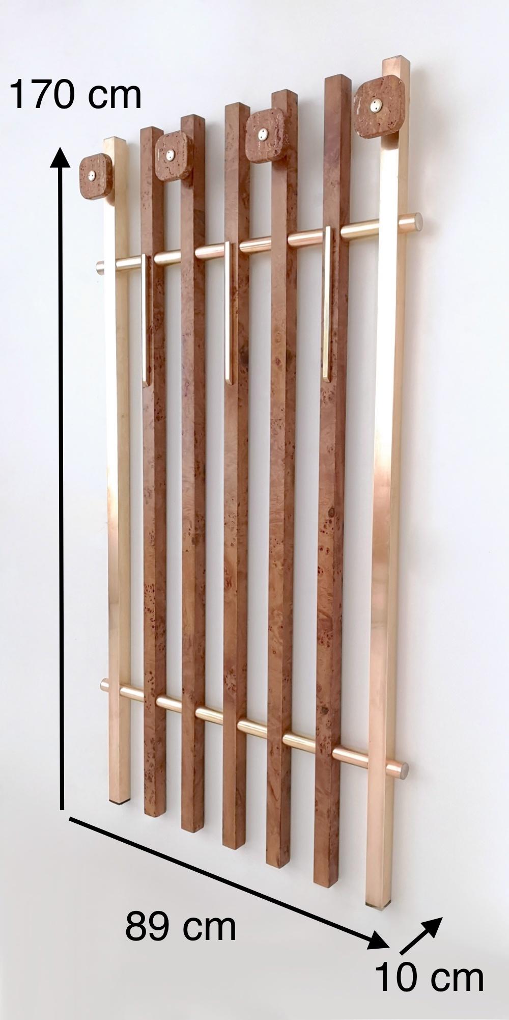 Birch Root and Brass Coat Rack with Red Travertine Hooks, Italy, 1970s 4