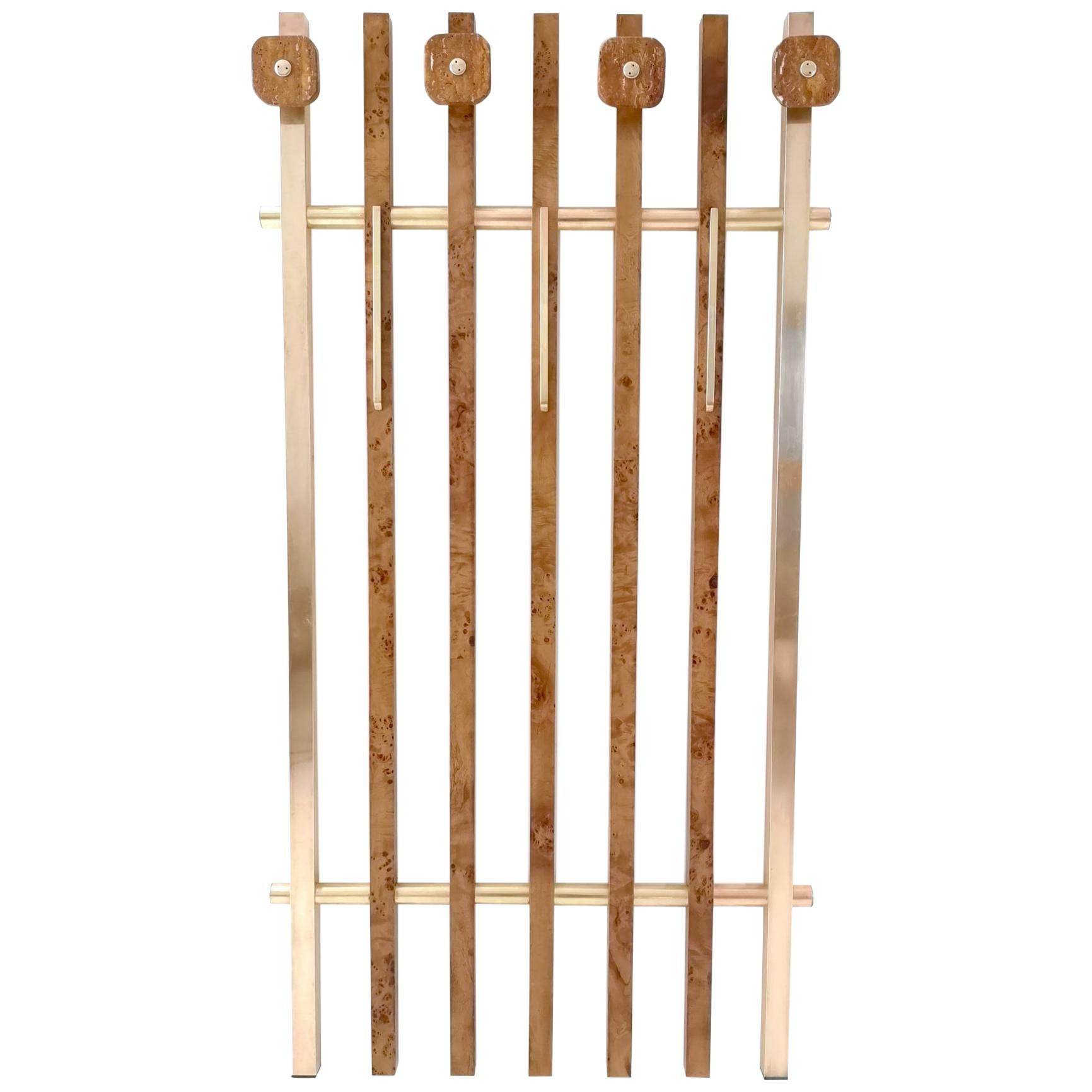 Birch Root and Brass Coat Rack with Red Travertine Hooks, Italy, 1970s
