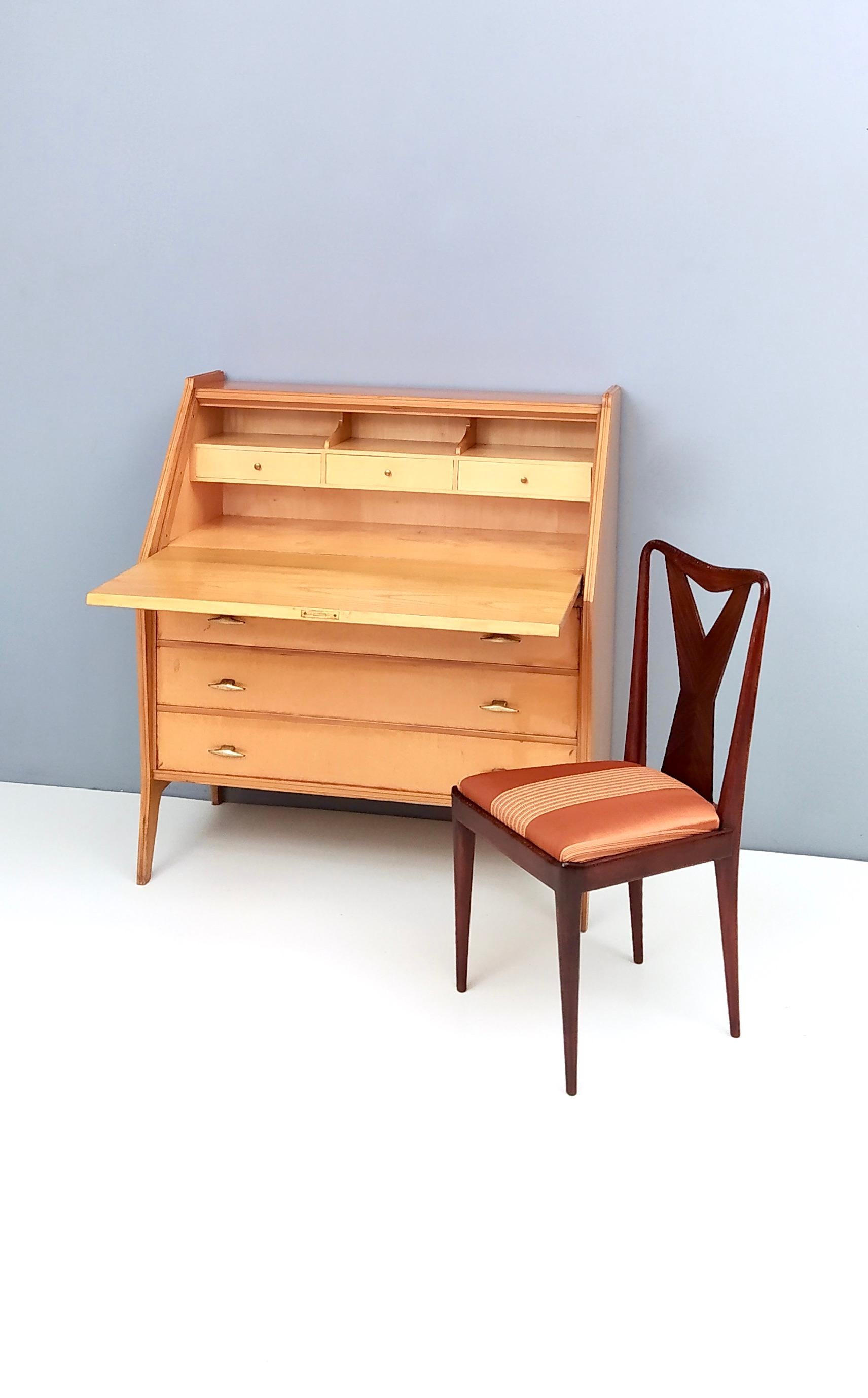 Mid-Century Modern Vintage Birch Secrétaire with Three Drawers and Brass Details, Italy For Sale