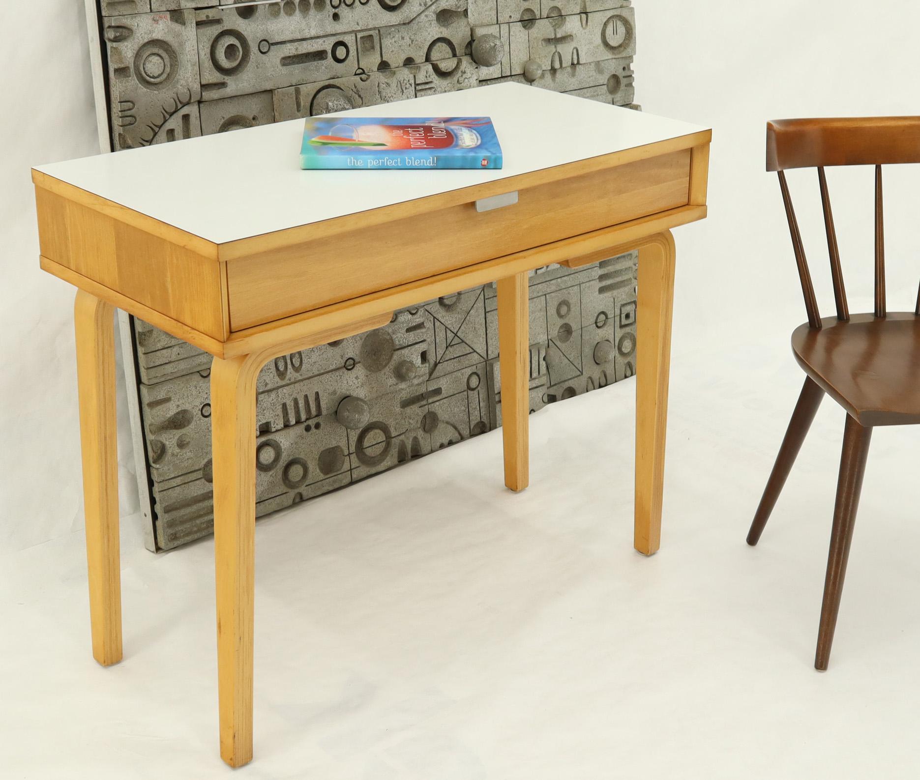 Mid-Century Modern petit fine bent birch plywood laminated top small desk or console table.