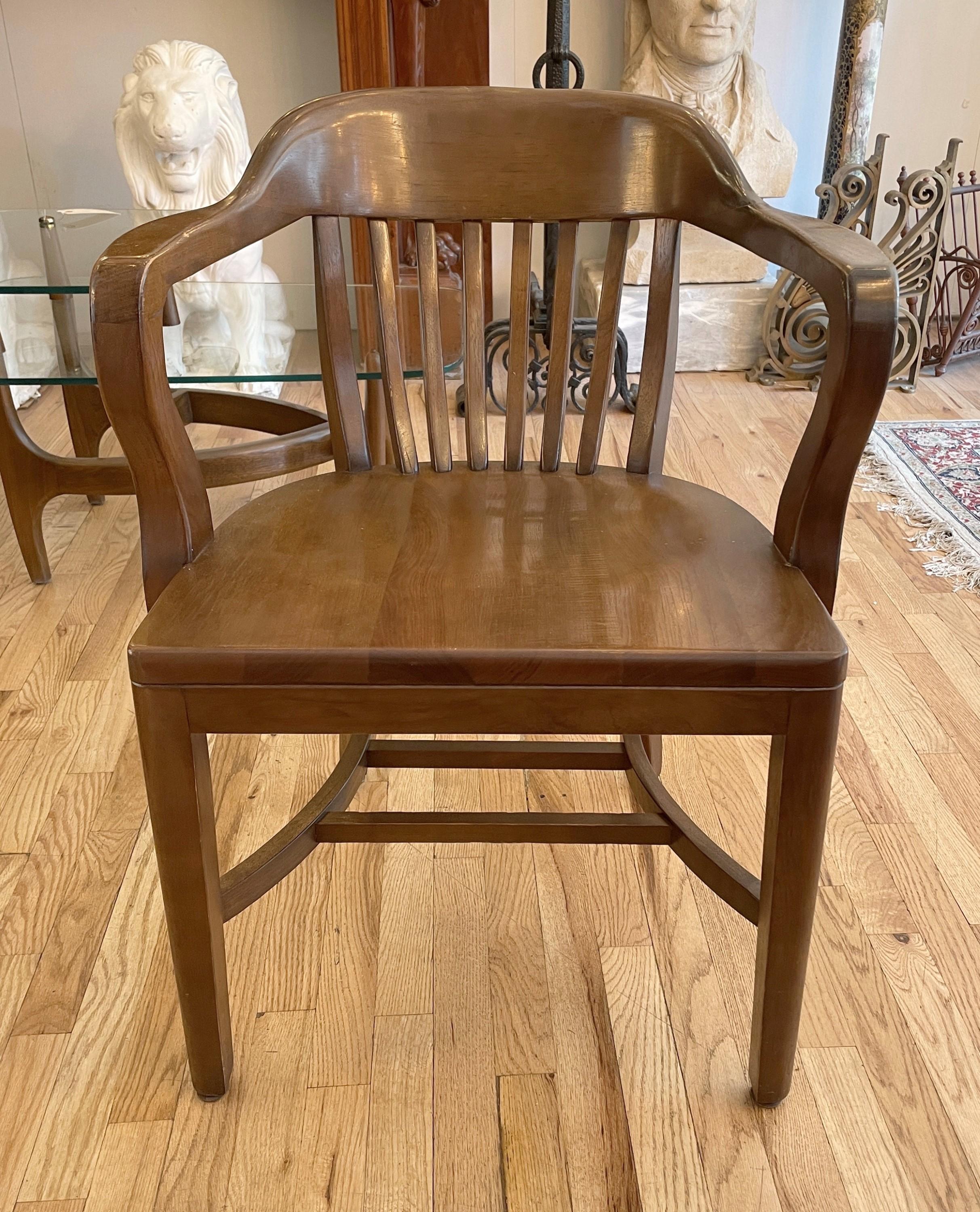 Industrial Birch Stained Solid Walnut Bankers Arm Chair For Sale