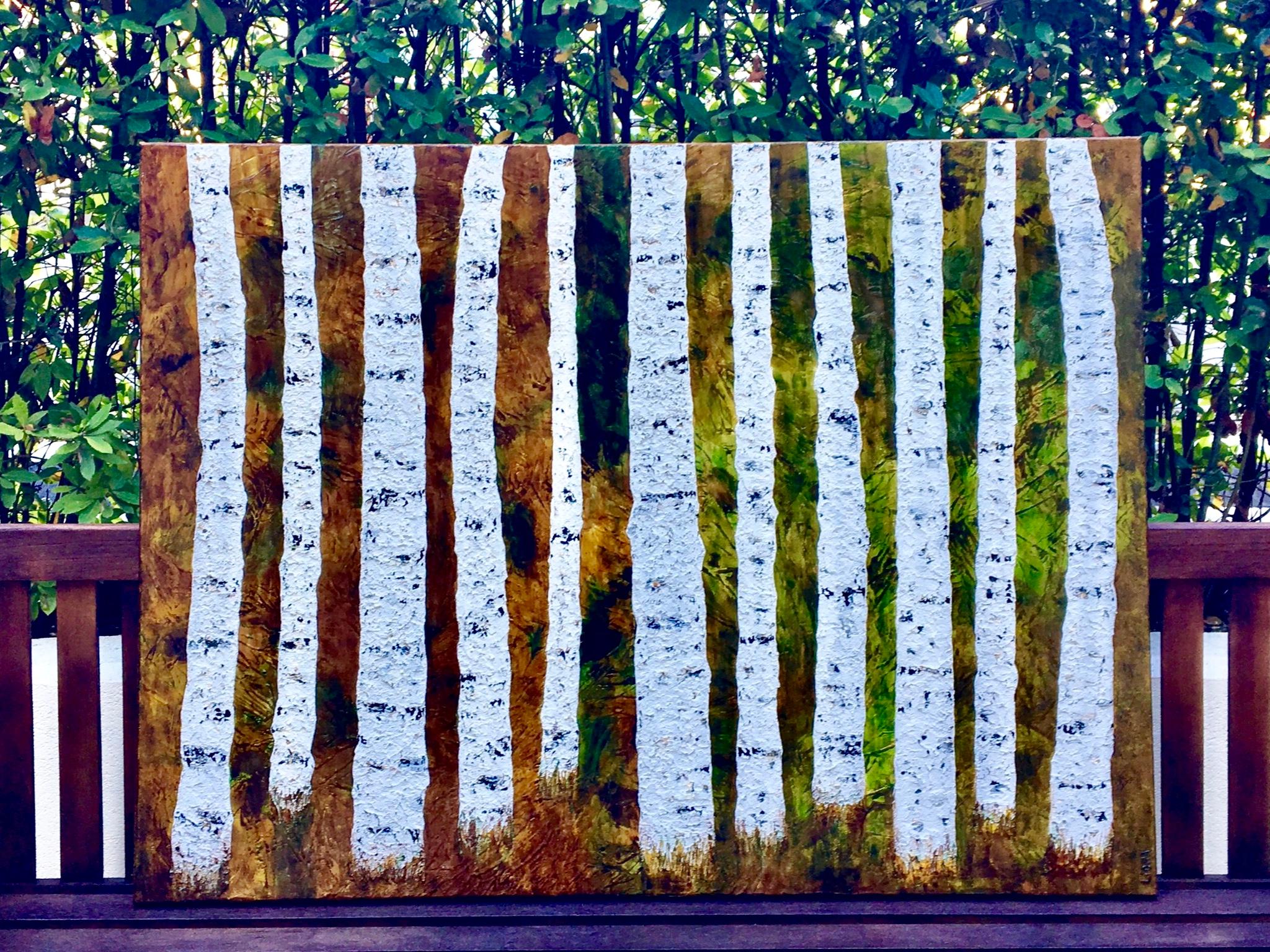 Abstract painting on canvas with heavy texture.
Acrylic and varnish for protection.
Colors: White, green, brown, gold.
This painting is called Birch Symphony and numbered 120.
Original and signed by the artist, comes with gallery certificate.