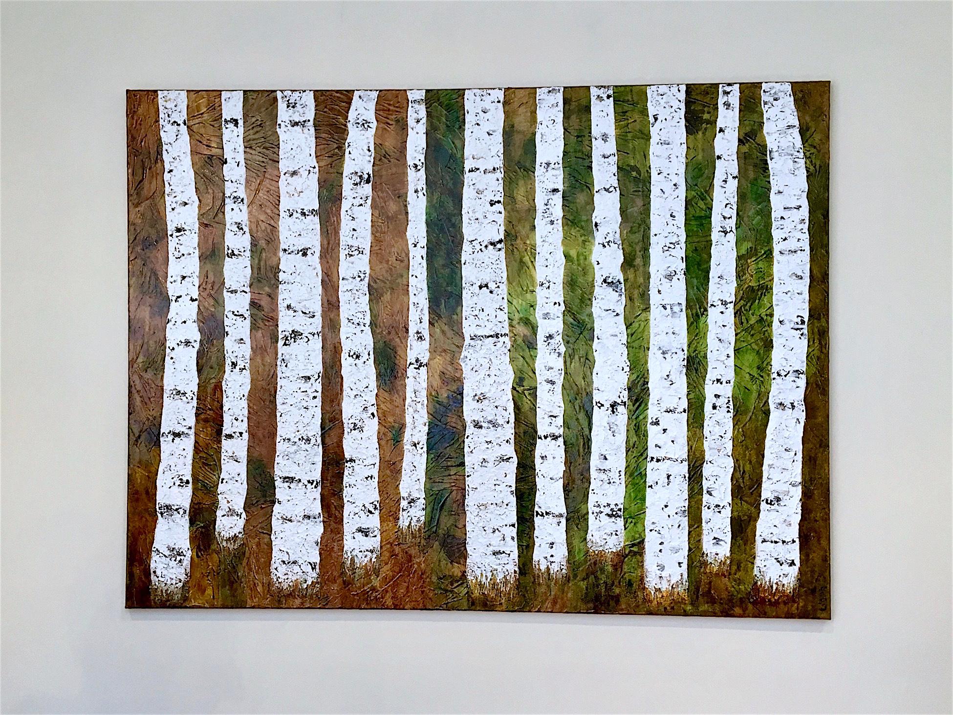 Modern Painting Birch Symphony Liora Textured Large Trees Abstract Canvas Contemporary For Sale