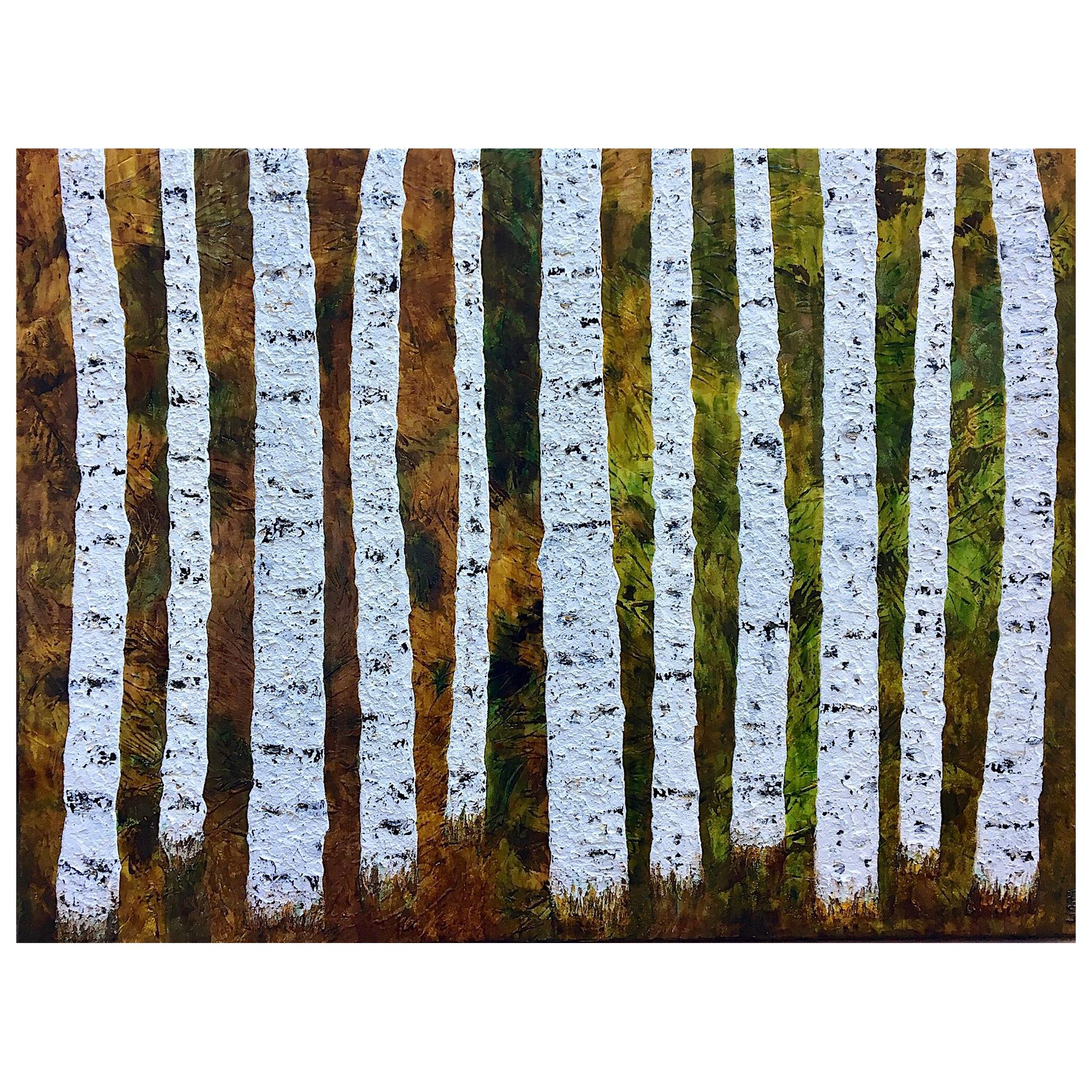 Painting Birch Symphony Liora Textured Large Trees Abstract Canvas Contemporary For Sale