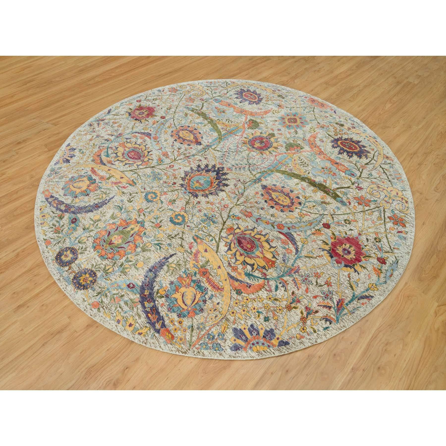 Médiéval Tapis rond noué à la main en soie et laine à motif de feuilles de soie de bouleau brun clair 10'0