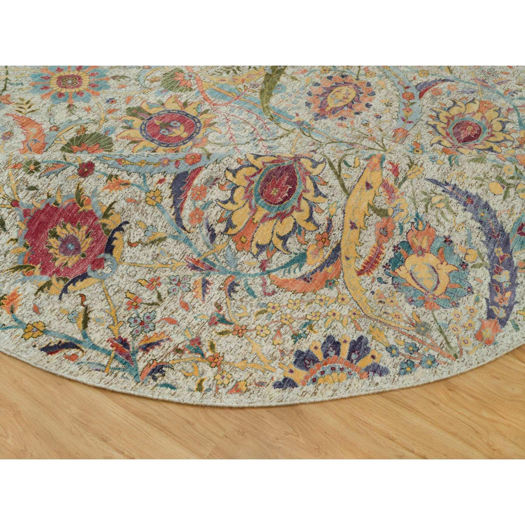 Tapis rond noué à la main en soie et laine à motif de feuilles de soie de bouleau brun clair 10'0