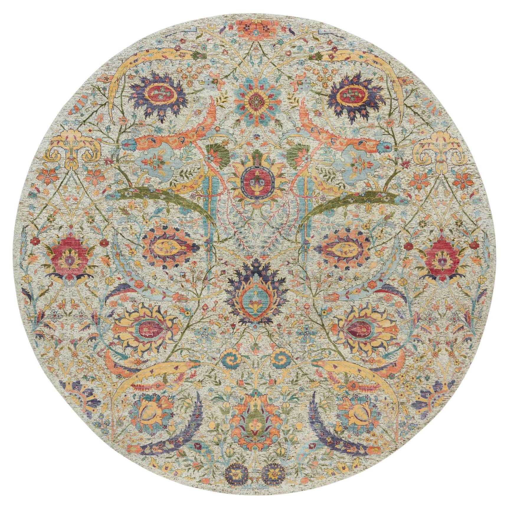 Birch Tan Hand Knotted Silk and Wool Sickle Leaf Design Round Rug 10'0" x 10'0"