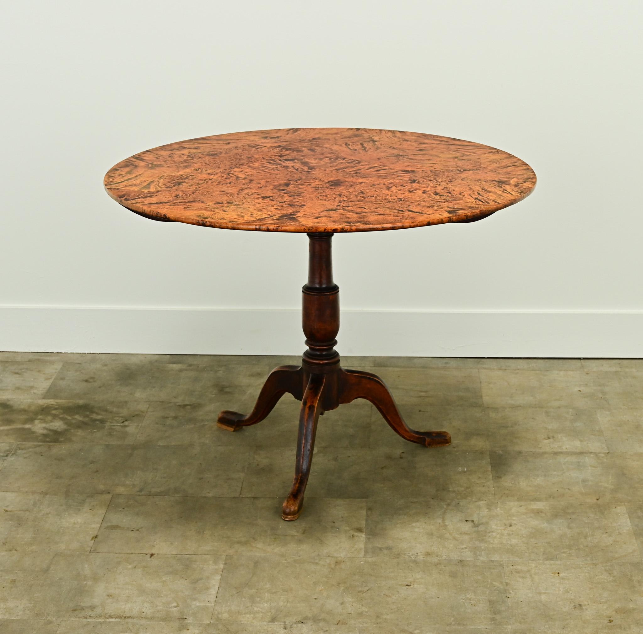 A Swedish tilt-top round table made in the 1800’s. The top is made from wonderfully colored birch with handsome grain patterns. The tilt-top latch is metal and easy to use resting over a pedestal base with three splayed legs. Cleaned and polished