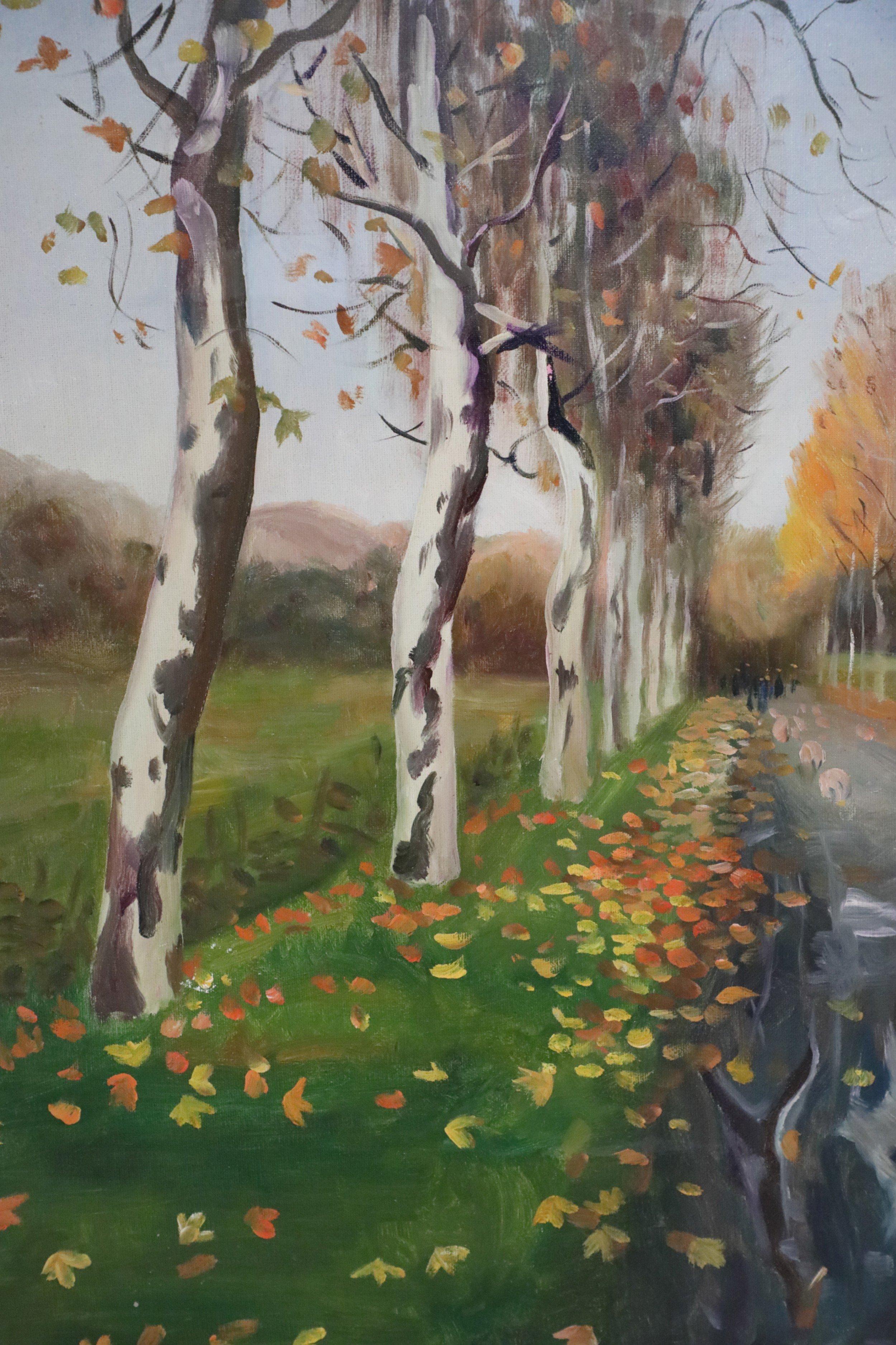 Vintage (20th Century) acrylic landscape painting of a road lined with birch trees that are shedding their leaves, and figures walking in the distance, captured on rectangular, unframed canvas (Similar copy with minor variations: NWL2258A).