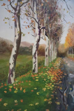 Birch Tree Lined Road and Landscape Painting