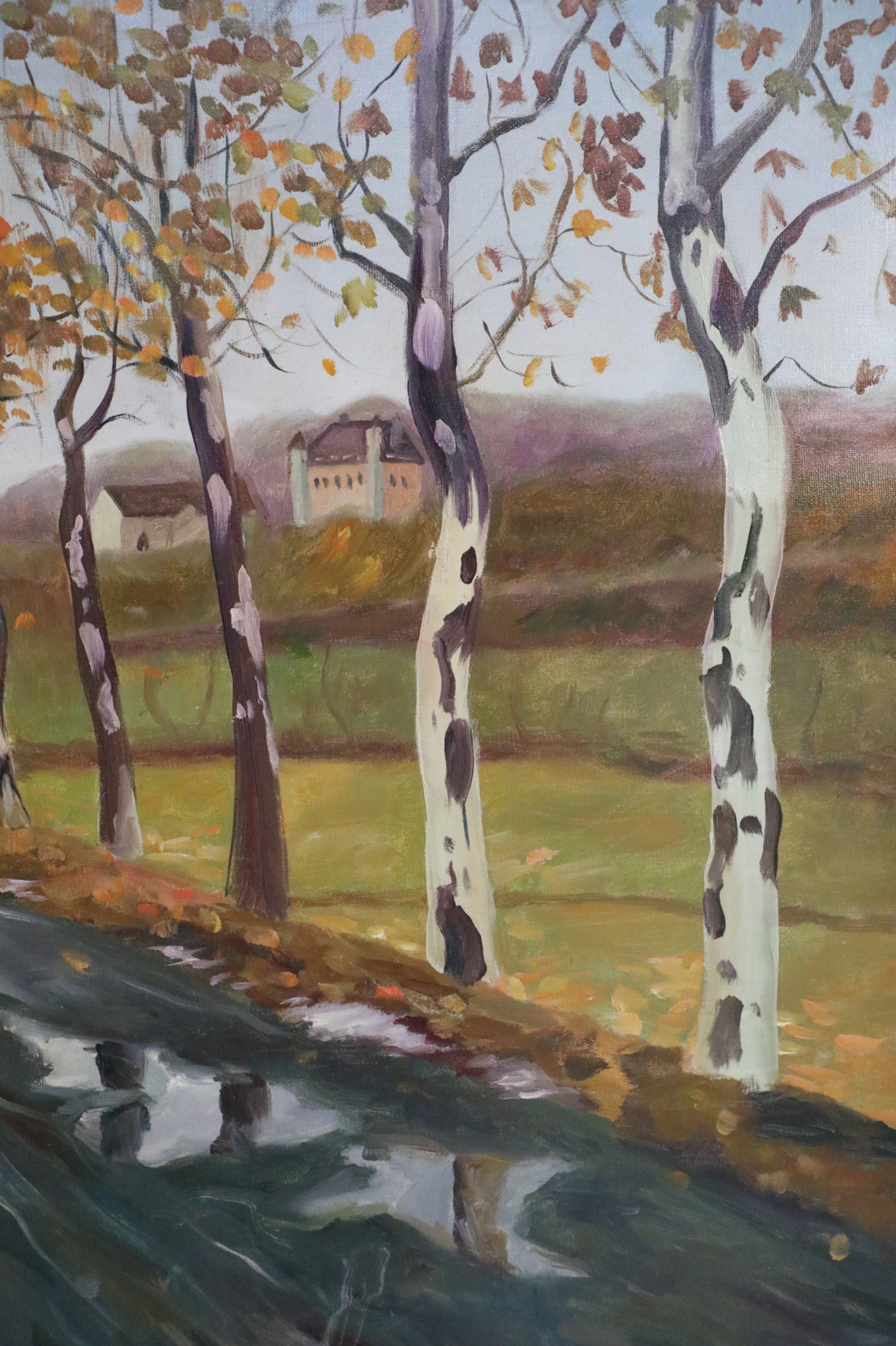 Mid-Century Modern Birch Tree Lined Road and Landscape Painting For Sale