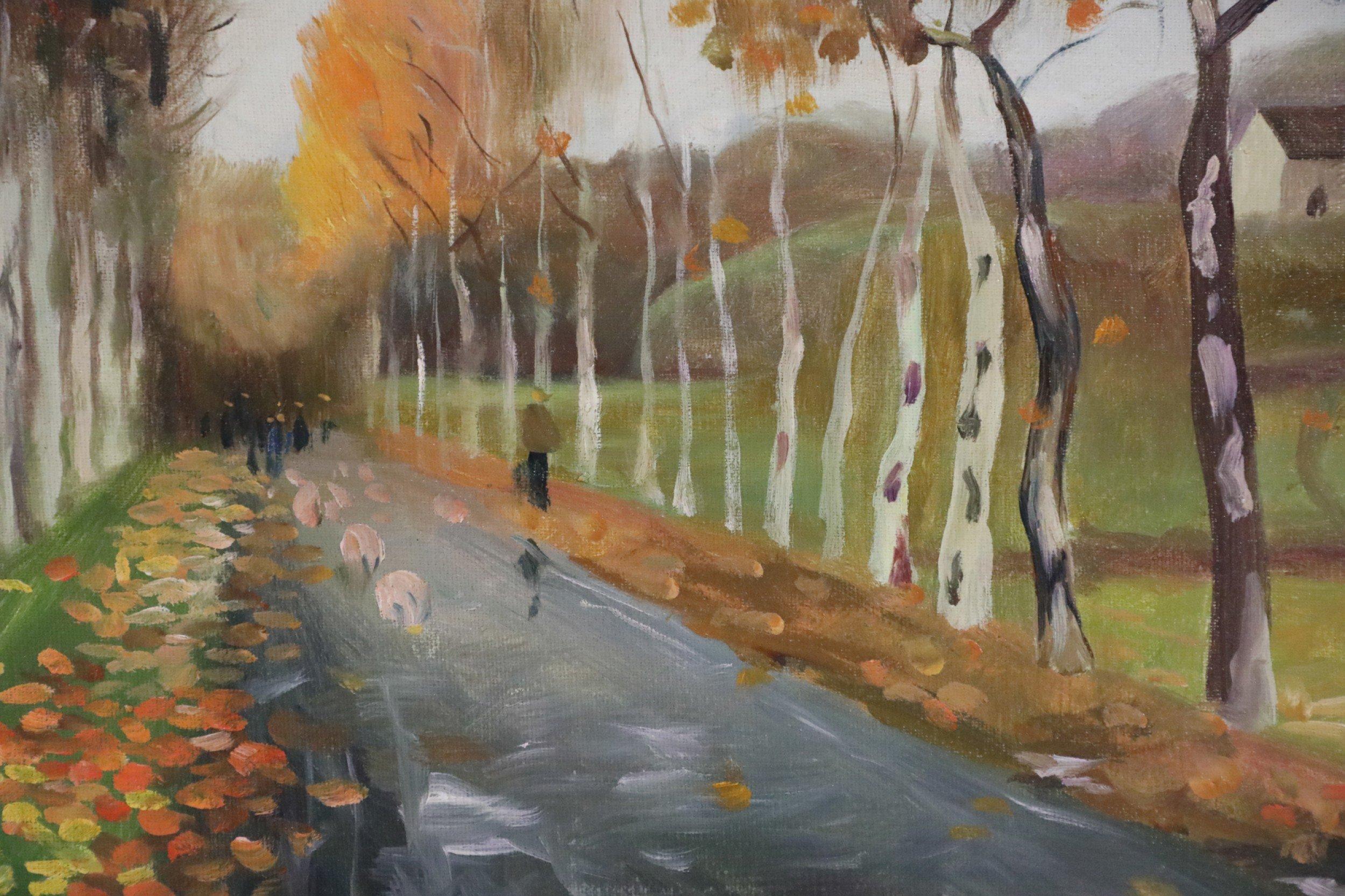 Mid-Century Modern Birch Tree Lined Road and Landscape Painting For Sale