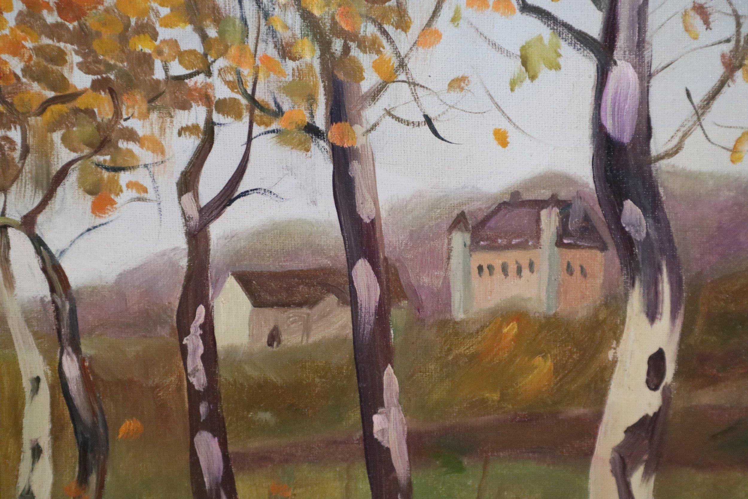 American Birch Tree Lined Road and Landscape Painting For Sale