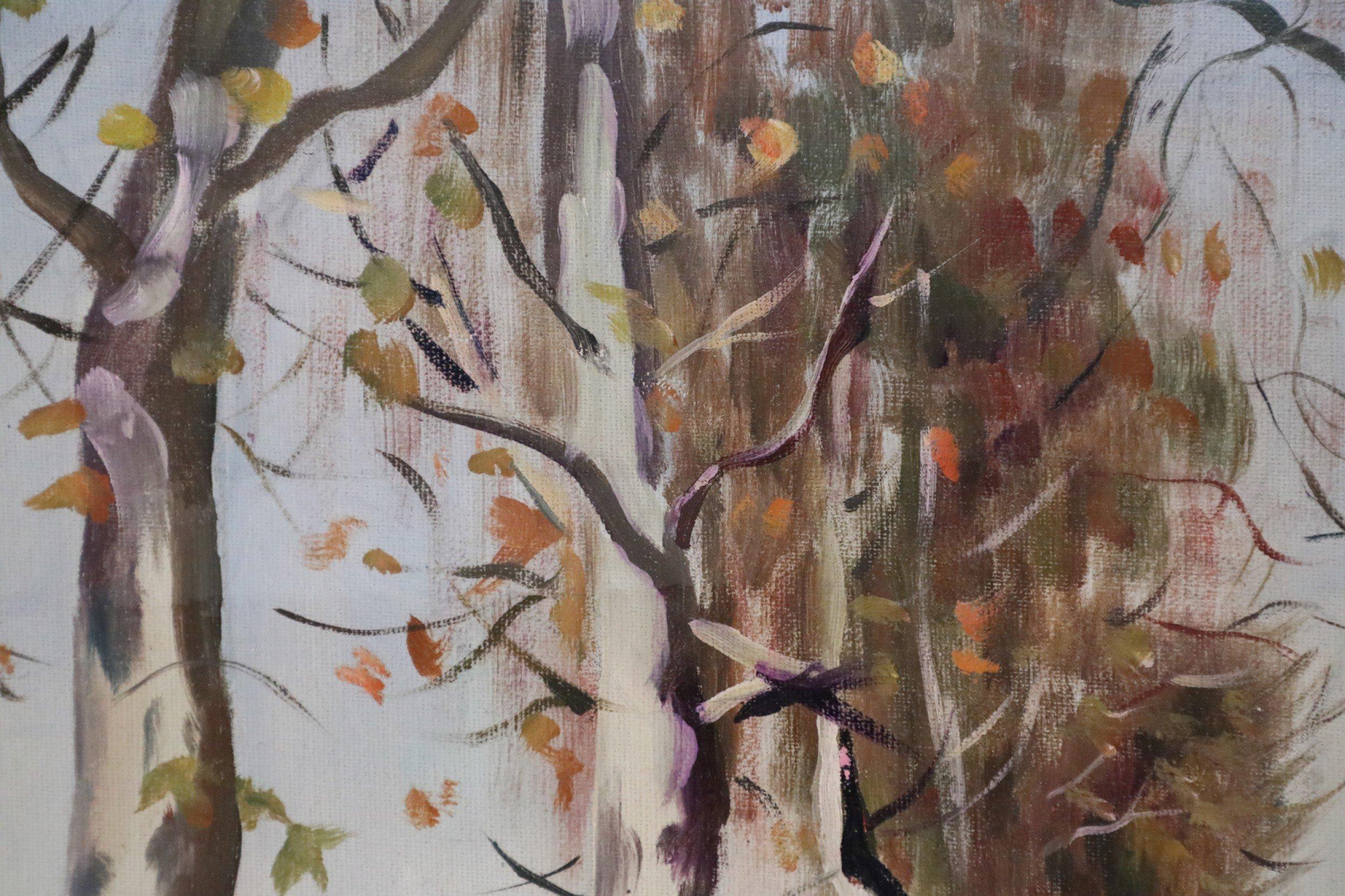 Oiled Birch Tree Lined Road and Landscape Painting For Sale