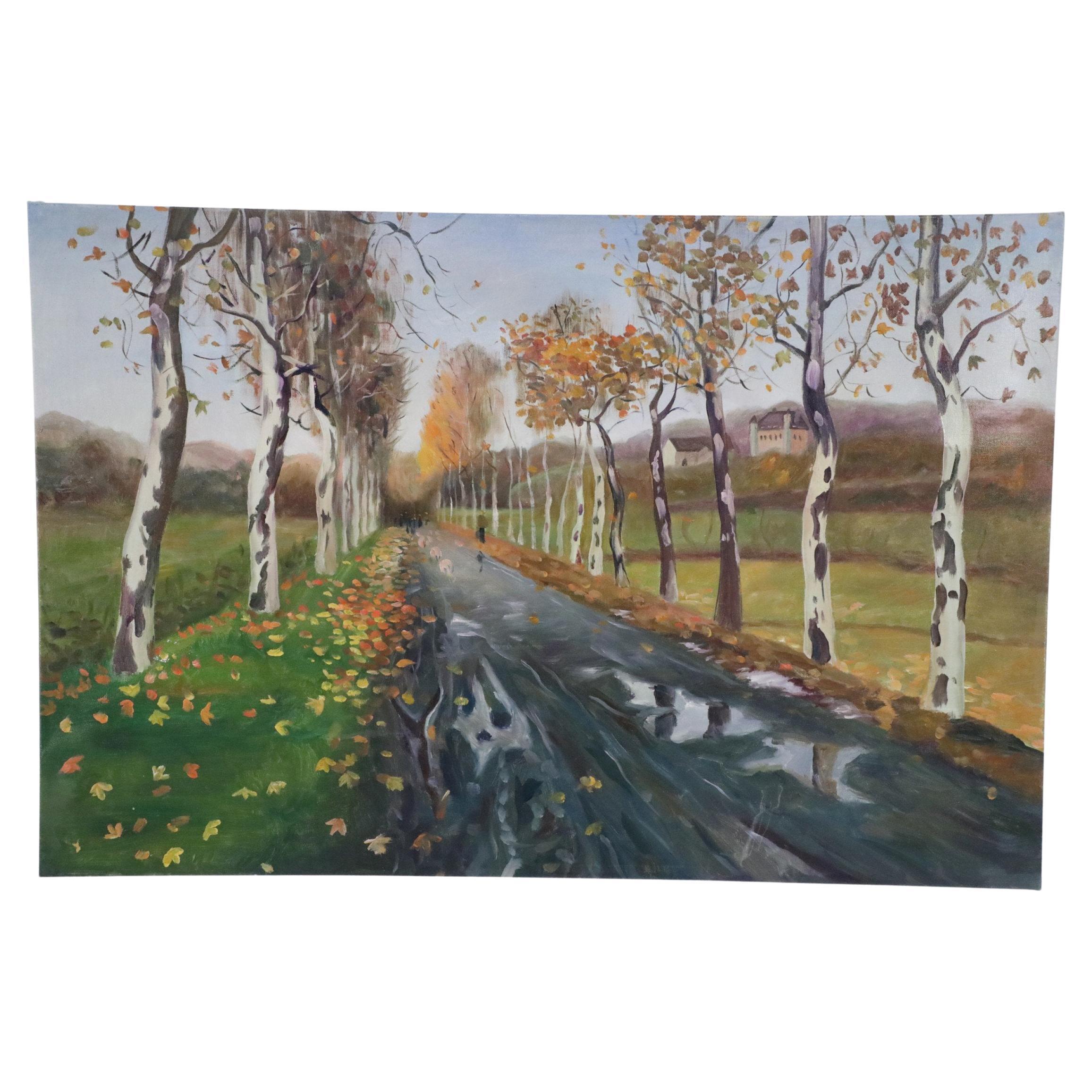 Birch Tree Lined Road and Landscape Painting For Sale