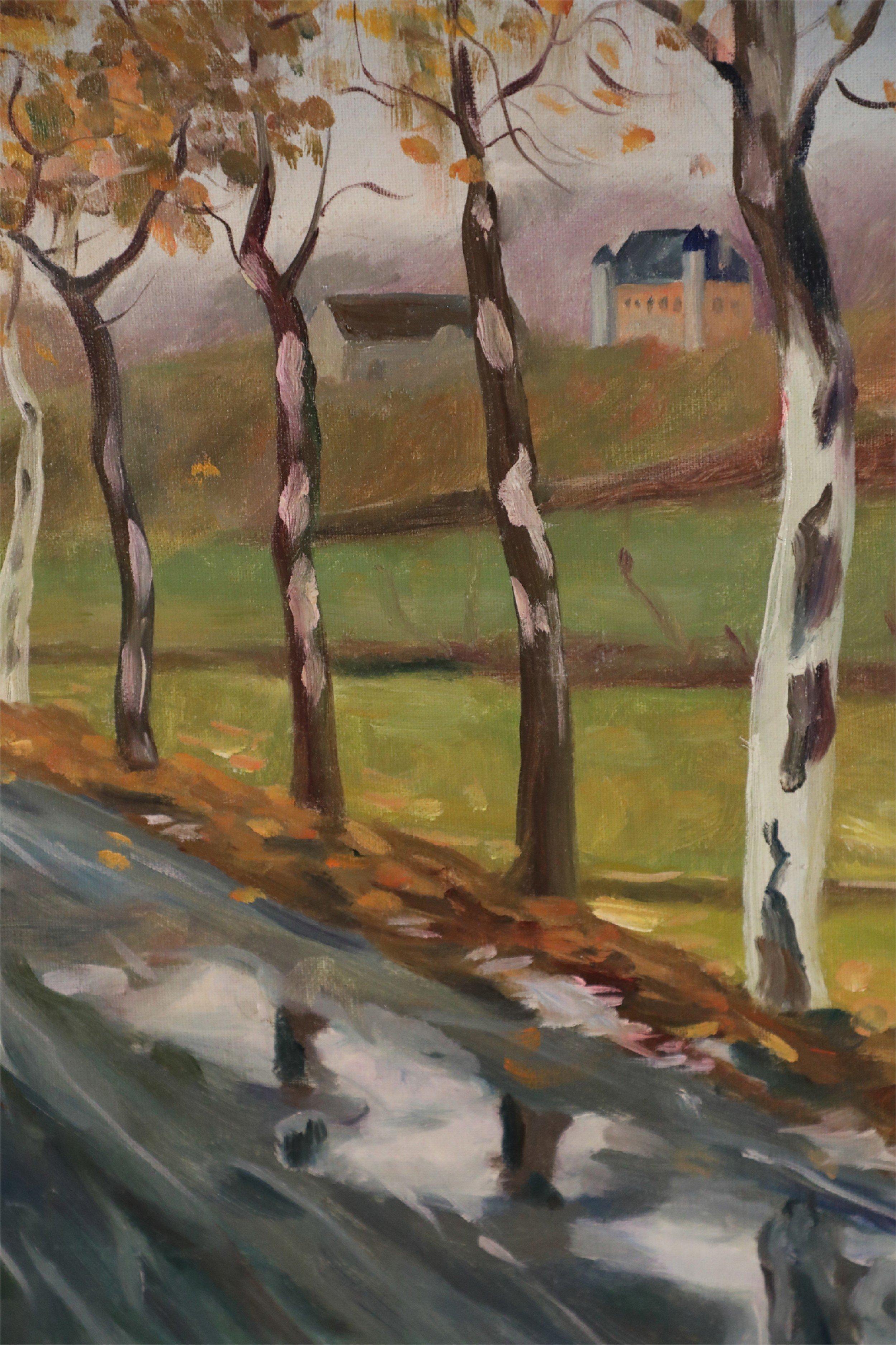 Mid-Century Modern Birch Tree Lined Road and Landscape Painting on Canvas For Sale