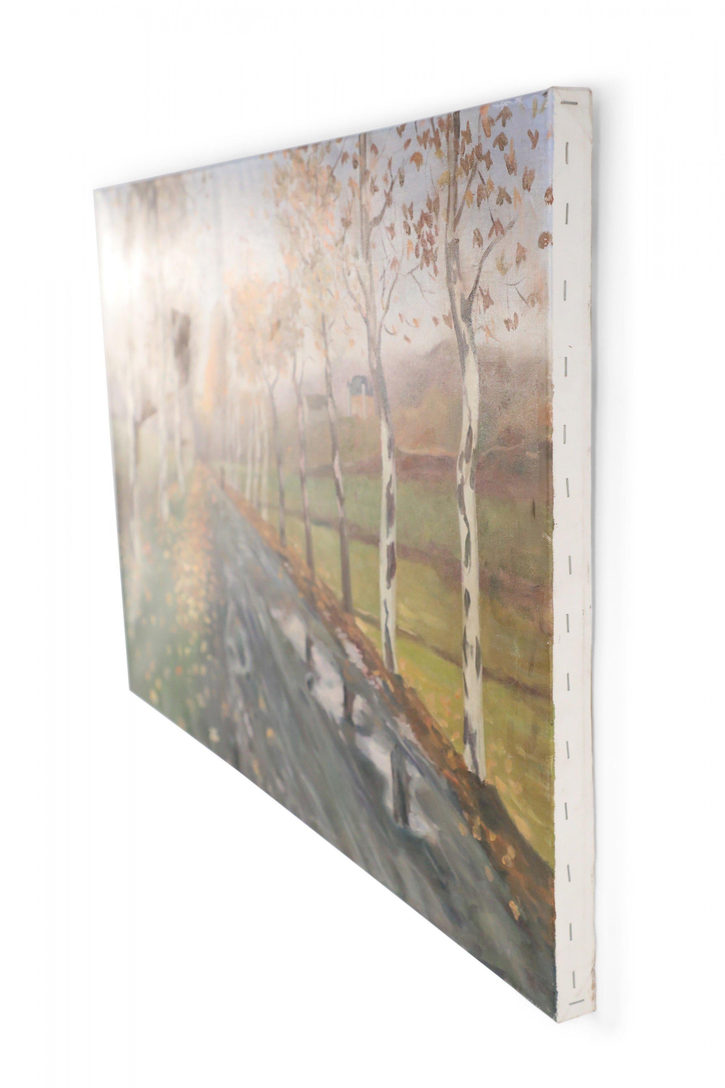 Oiled Birch Tree Lined Road and Landscape Painting on Canvas For Sale