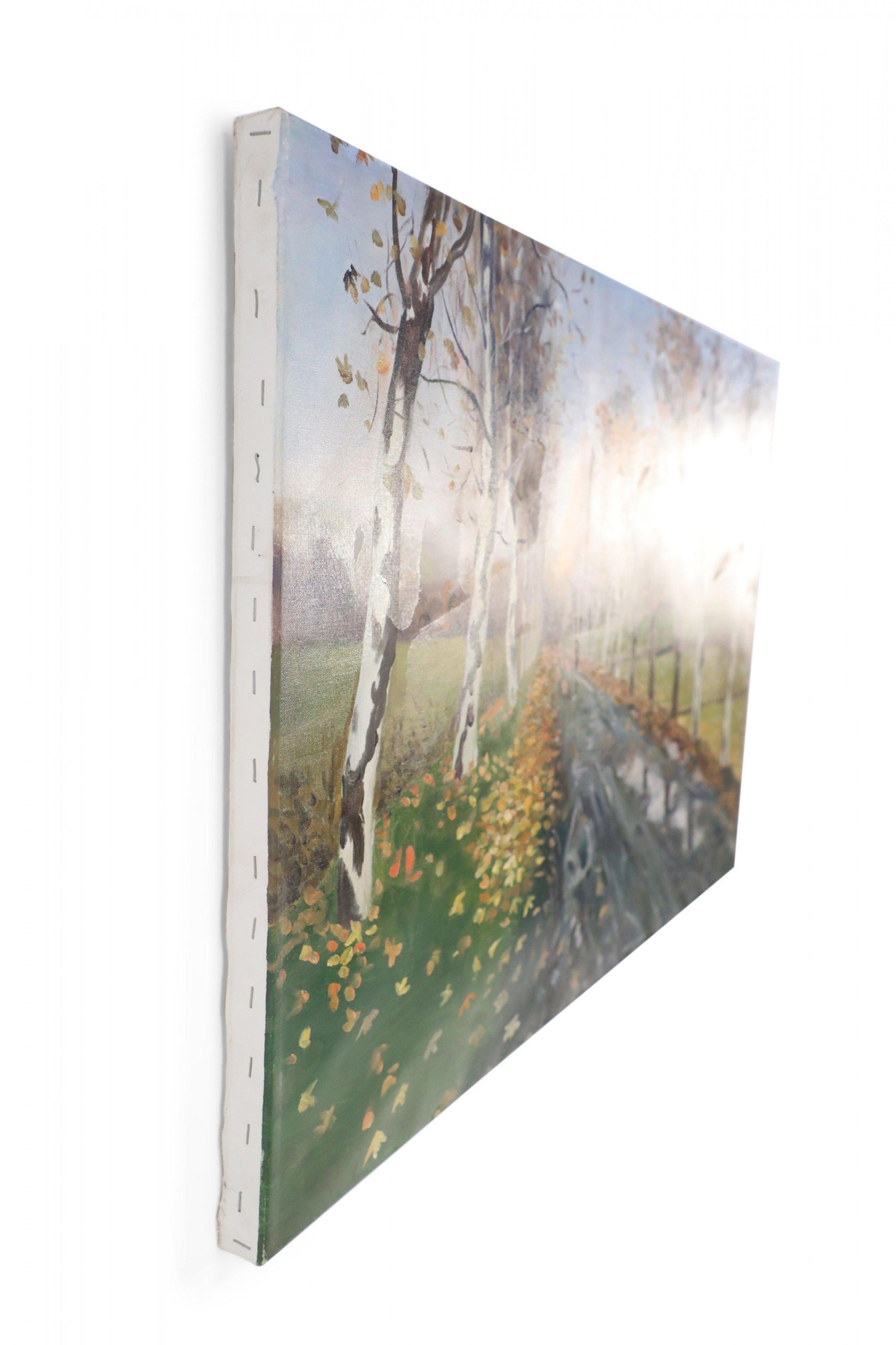 Birch Tree Lined Road and Landscape Painting on Canvas In Good Condition For Sale In New York, NY