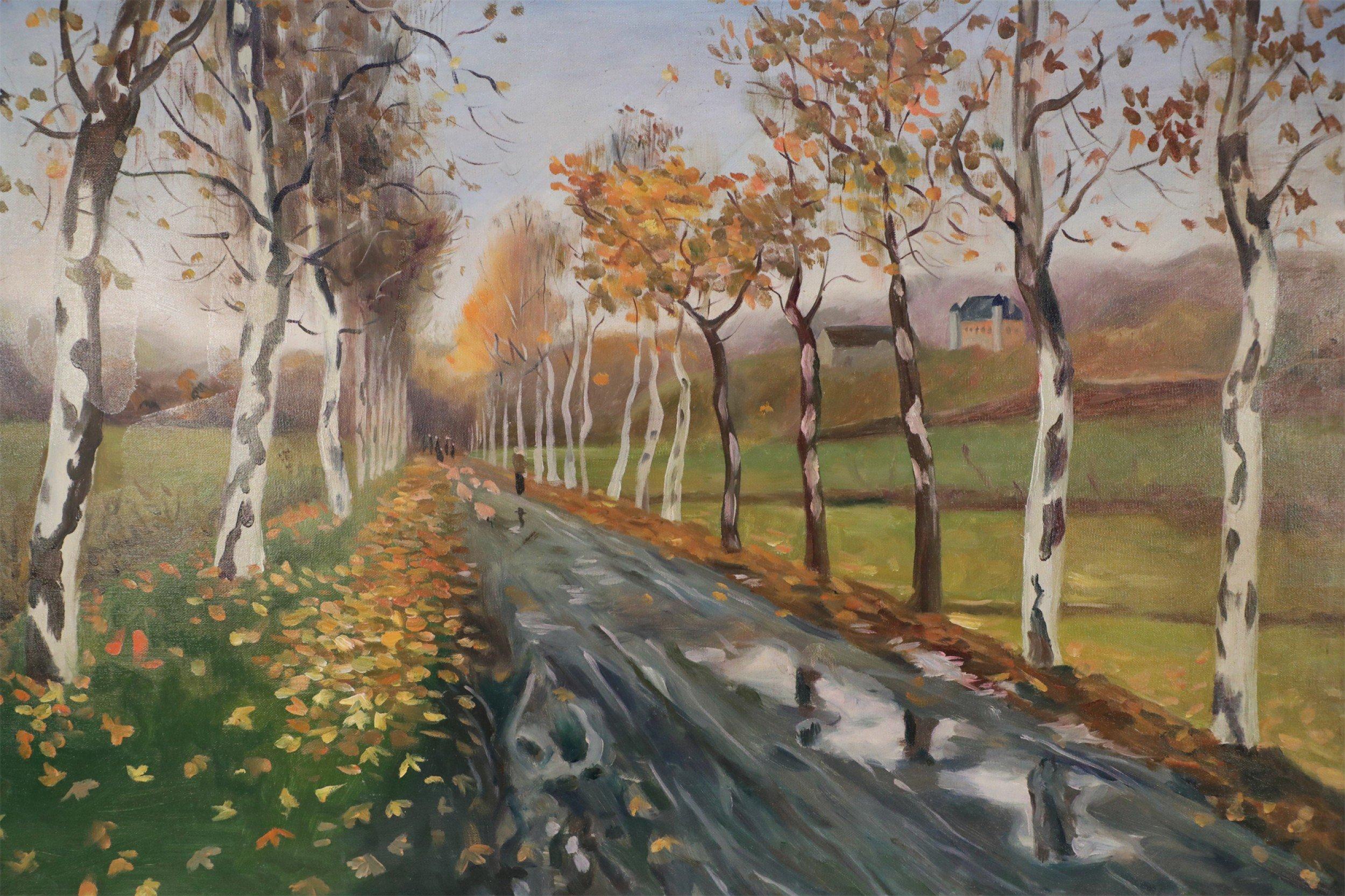 20th Century Birch Tree Lined Road and Landscape Painting on Canvas For Sale