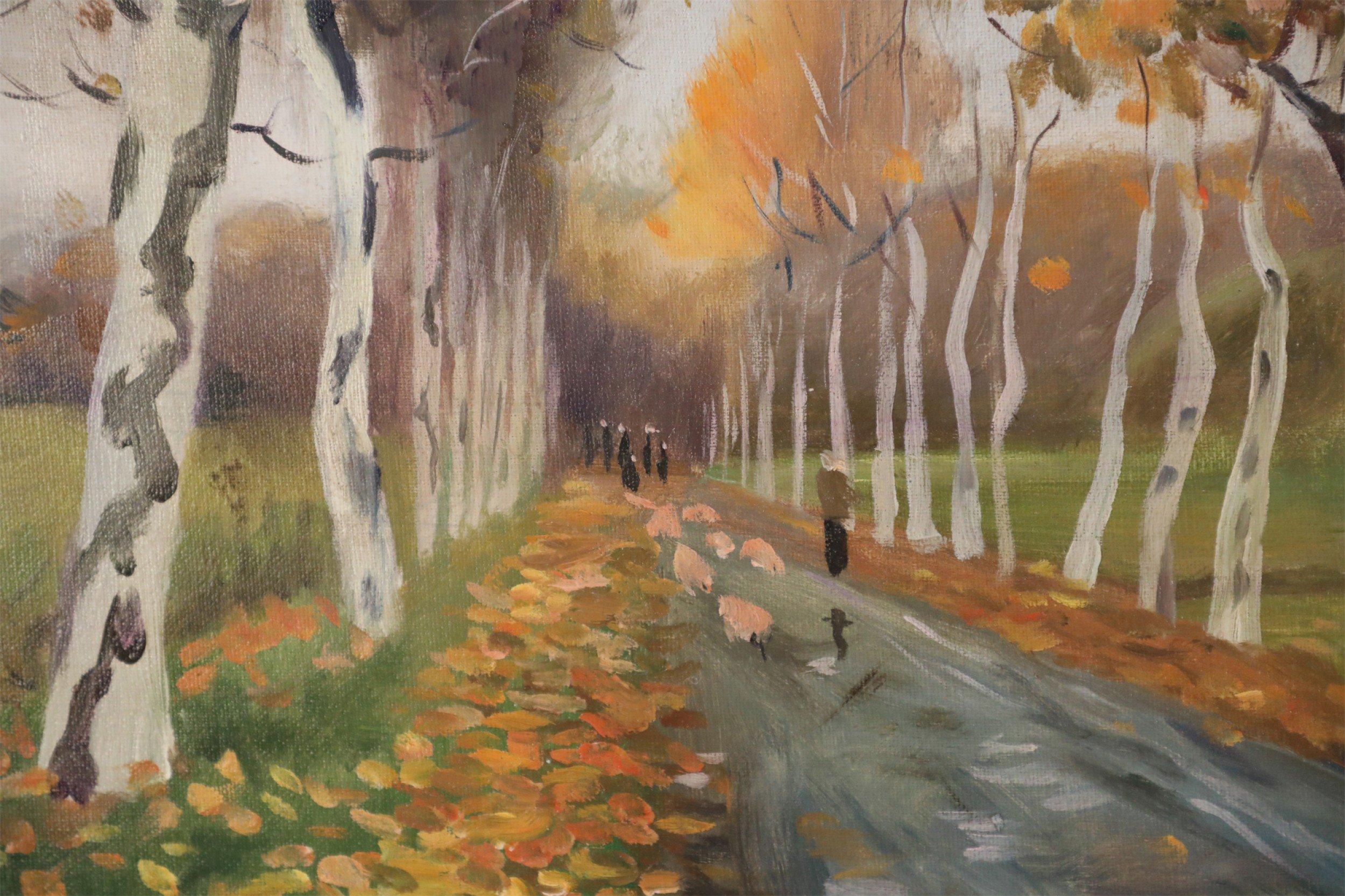Birch Tree Lined Road and Landscape Painting on Canvas For Sale 1