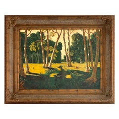 Large Landscape Oil Painting of Birch Trees in Massive Carved Wood Frame Large Landscape Oil Painting of Birch Trees in Massive Carved Wood Frame